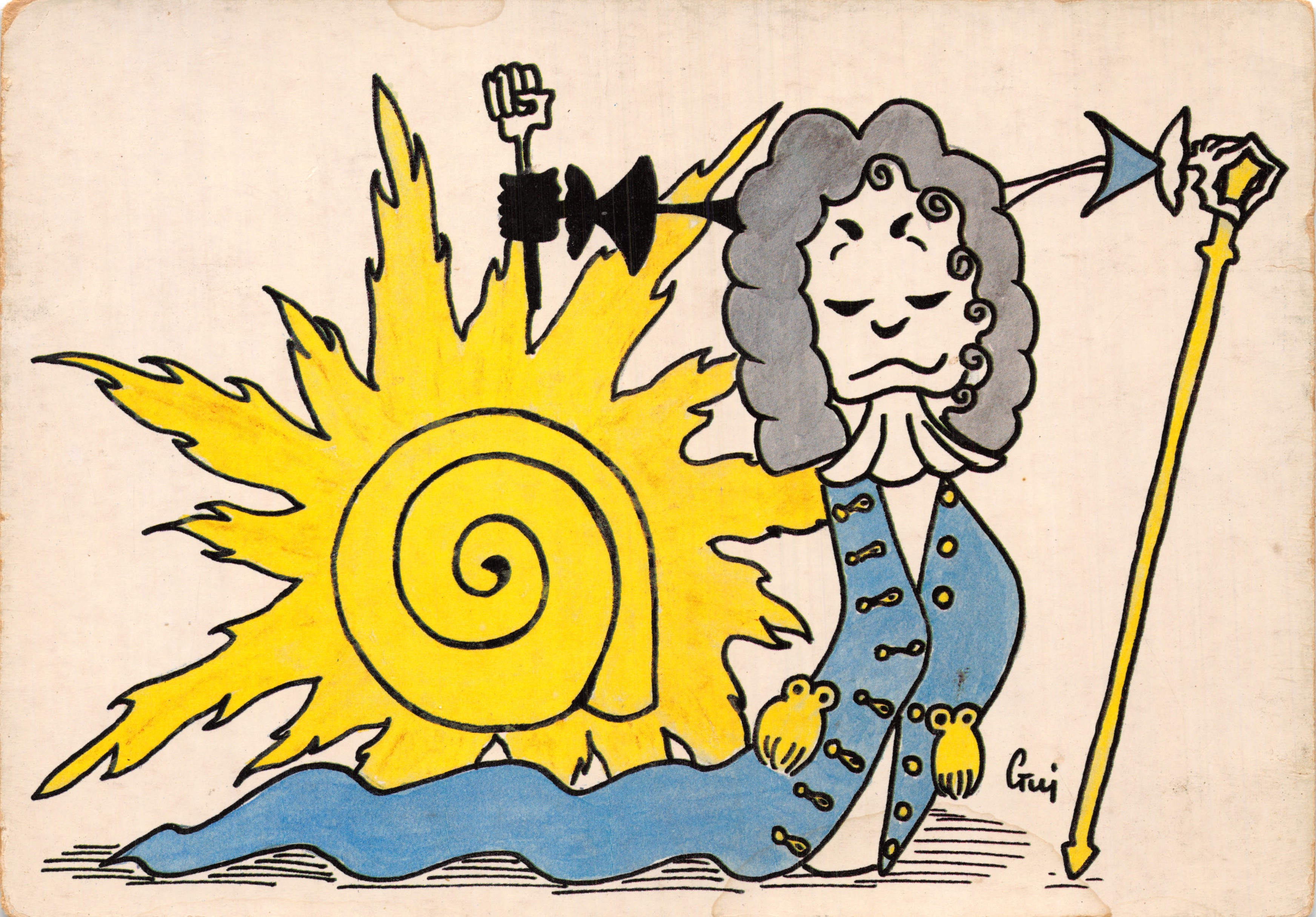 Soleil a spirale — personaggio stilizzato che tiene un serto e un pugno alzato — disegno firmato 'Gruj' — Éditions FLORENCIE, n° 0102