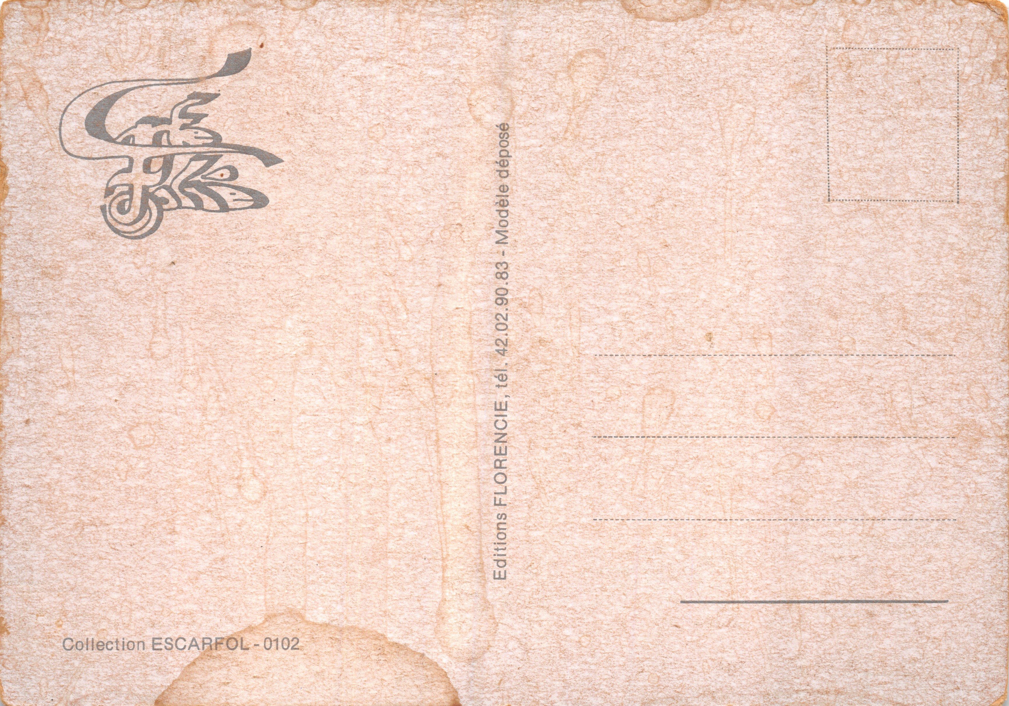 Soleil a spirale — personaggio stilizzato che tiene un serto e un pugno alzato — disegno firmato 'Gruj' — Éditions FLORENCIE, n° 0102 — Verso
