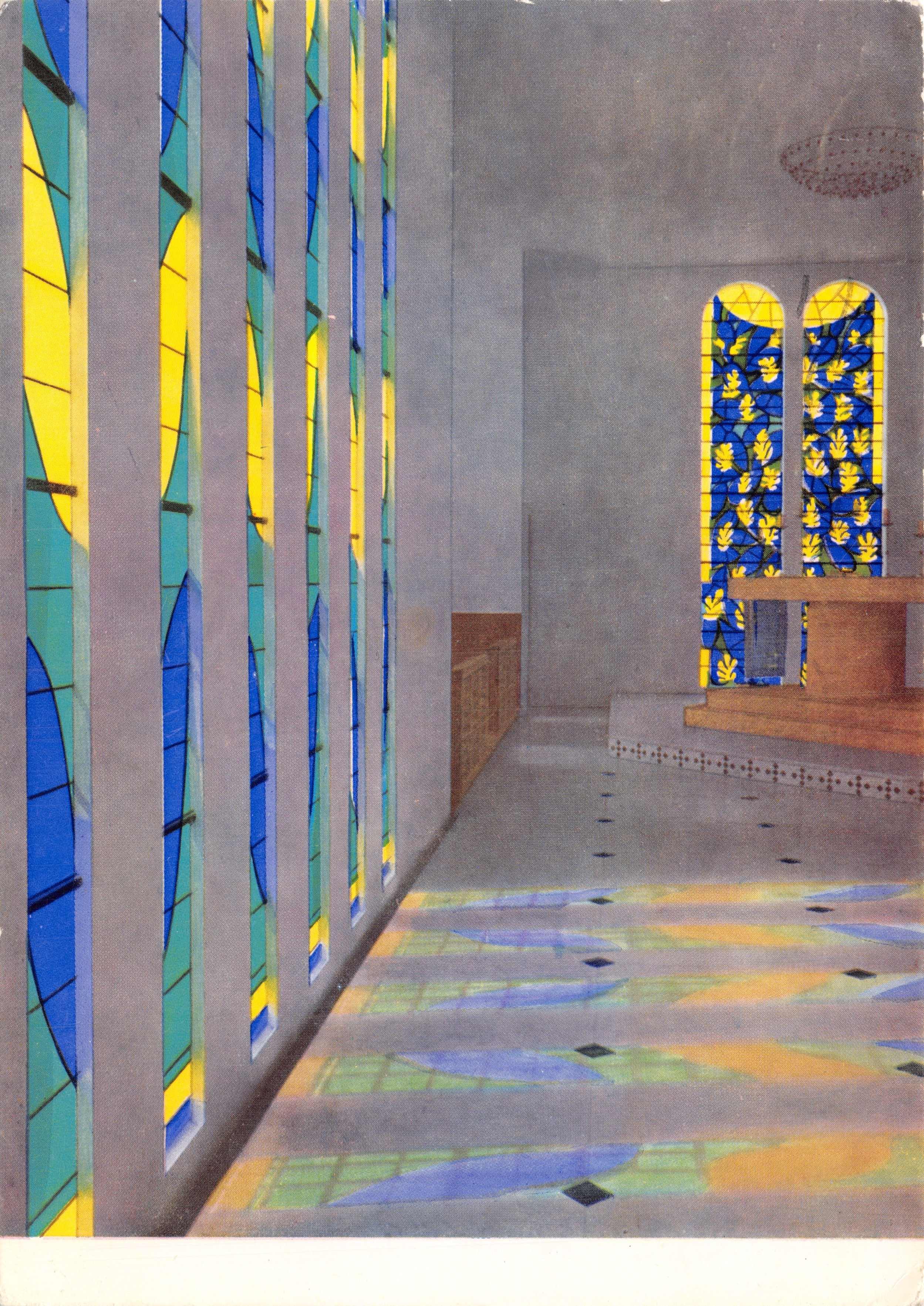 Chapelle du Rosaire à Vence — intérieur avec vitraux et sol décoratif — Photo H. Adant, Imp. Adant, Paris