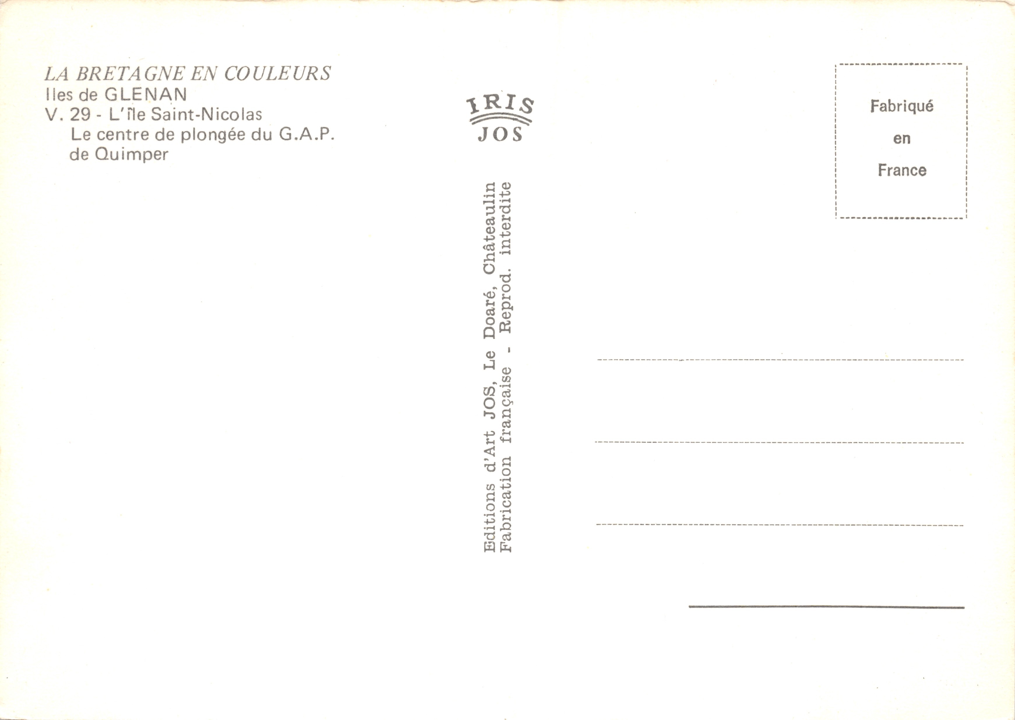 Isole di Glénan — Isola Saint-Nicolas — Editions d'Art JOS — Verso