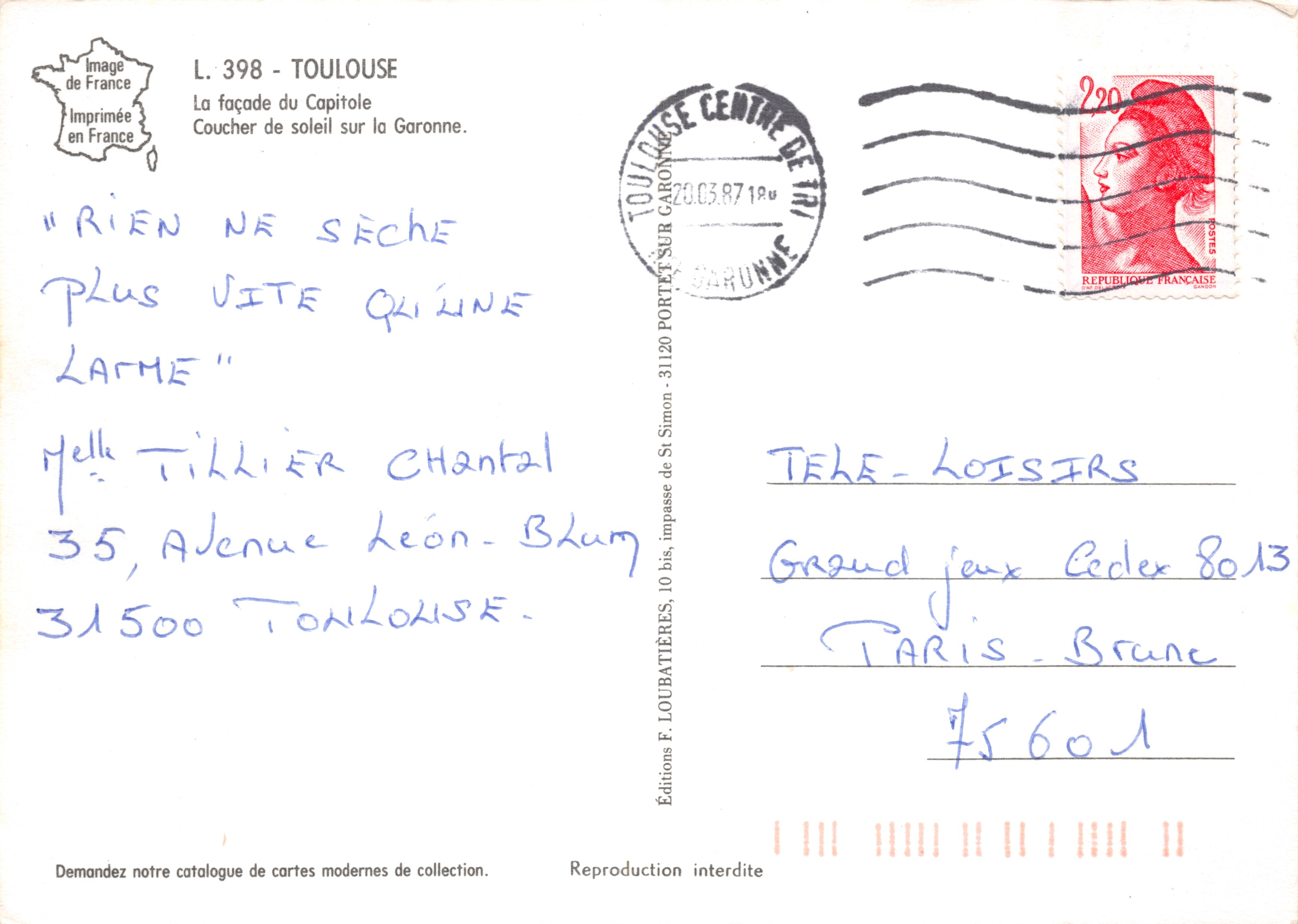 Toulouse — façade du Capitole et coucher de soleil sur la Garonne — Éditions F. LOUBATIERES — Verso
