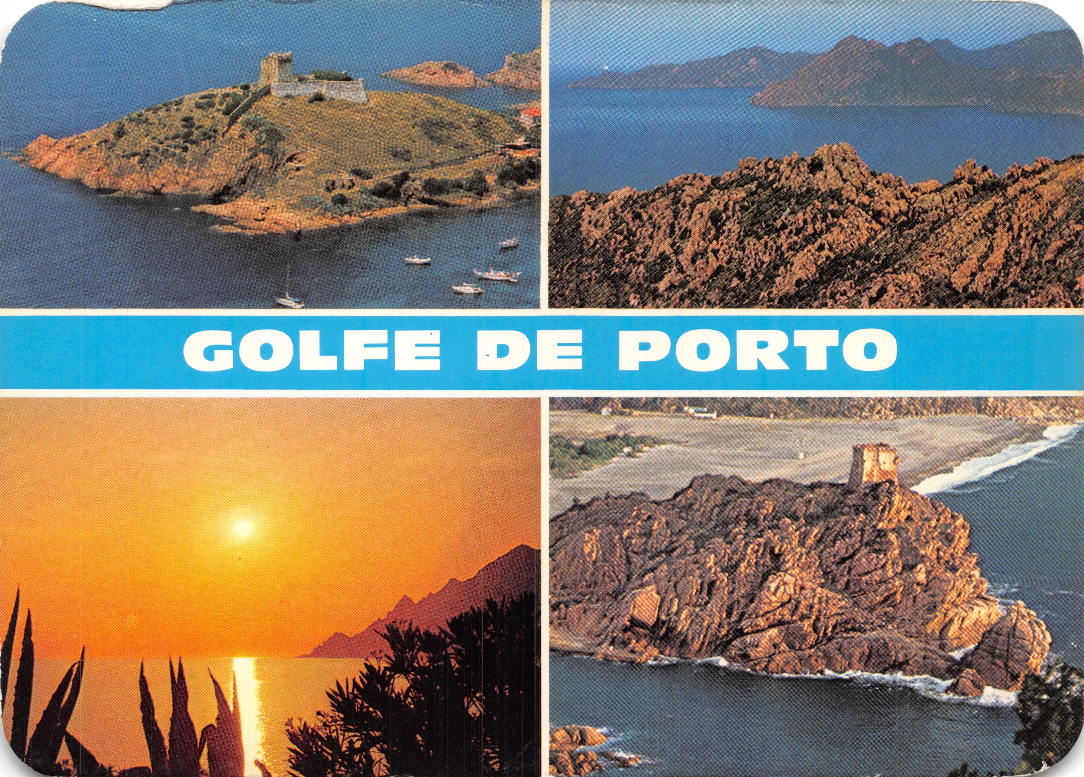 Golfe de Porto — uitzicht op het strand met kasteel en zonsondergang — Les Éditions du Mouflon, n° 414