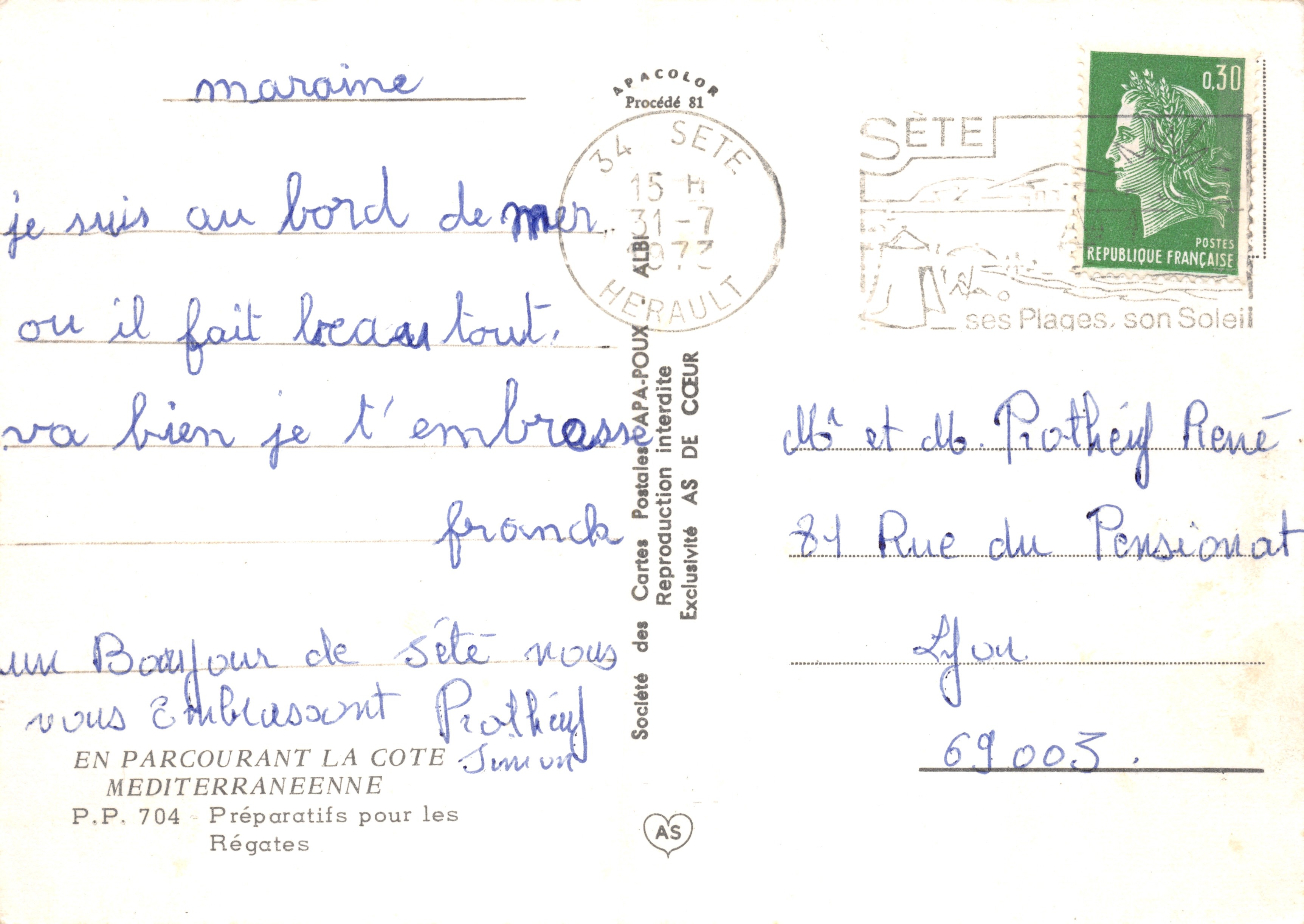 Plage de Sète — Regates nautiques — Société des Cartes Postales APA-POUX — Verso