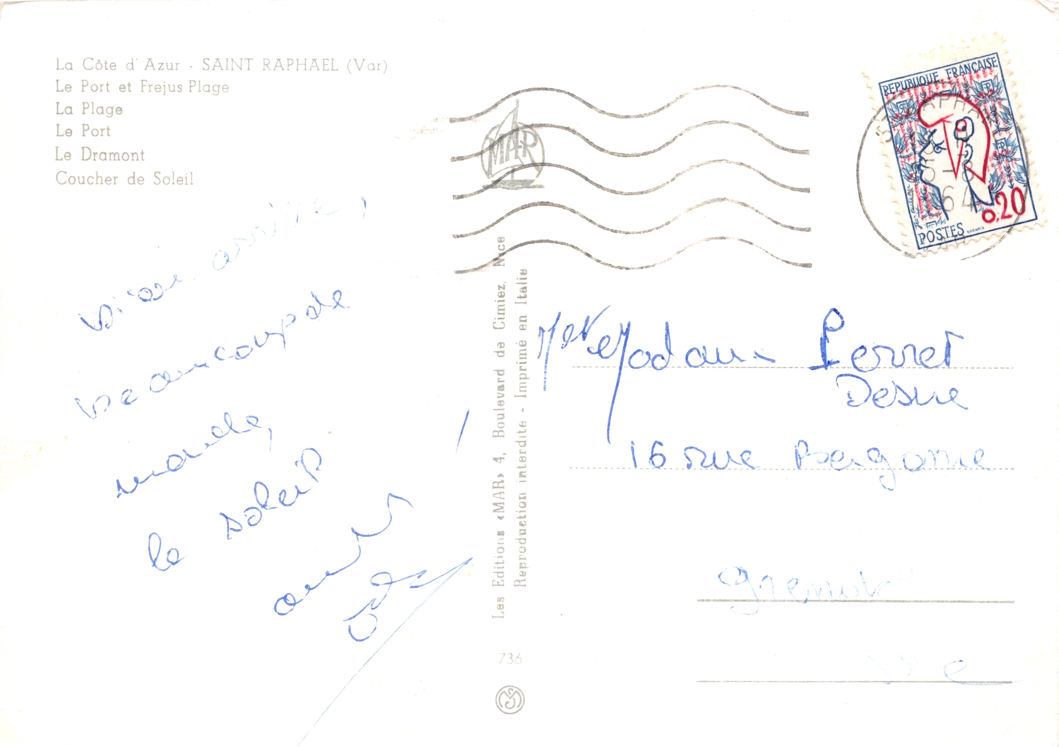 Saint Raphael — panoramic view of the port, beach and sunset — Les Éditions «MAR» — Back