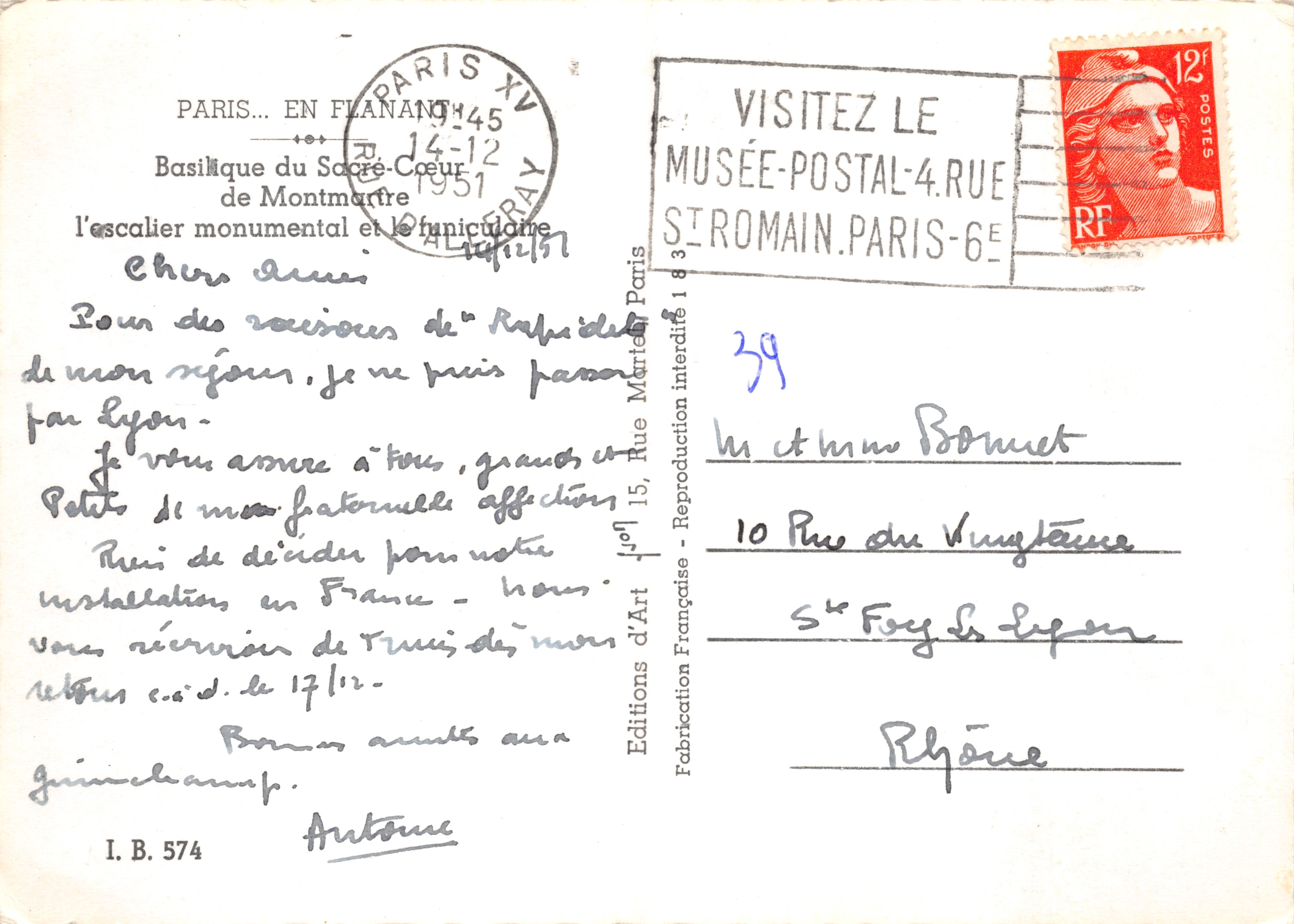 Basilique du Sacré-Cœur — vista panoramica con le scale monumentali e la funicolare — Éditions d'Art, n° I.B. 574 — Verso