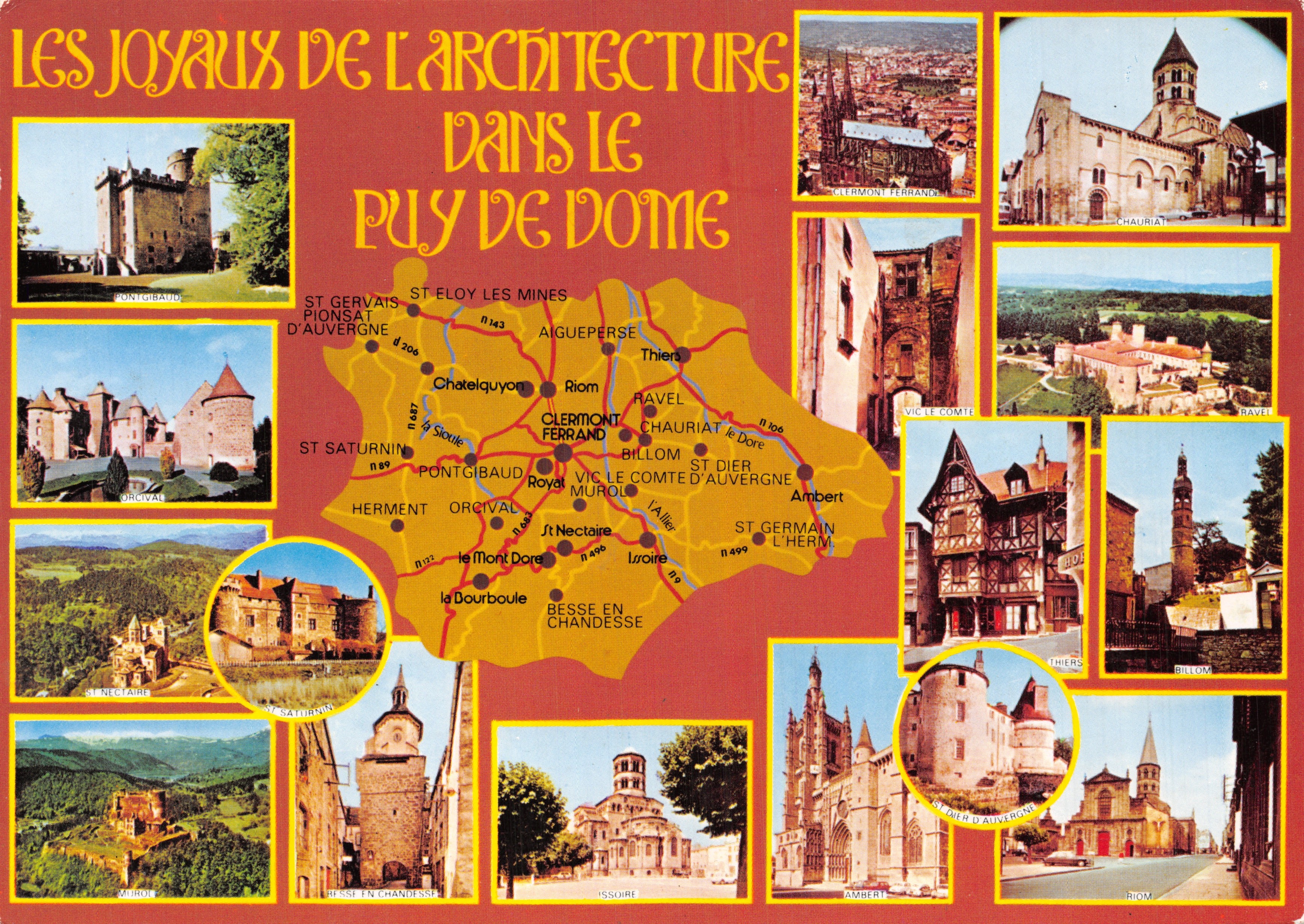 Los Tesoros de la Arquitectura en el Puy de Dôme — Tarjeta postal ilustrada con mapa del departamento y fotos de lugares como Clermont-Ferrand, Châuriat, Ambert y el castillo de Montgibaud