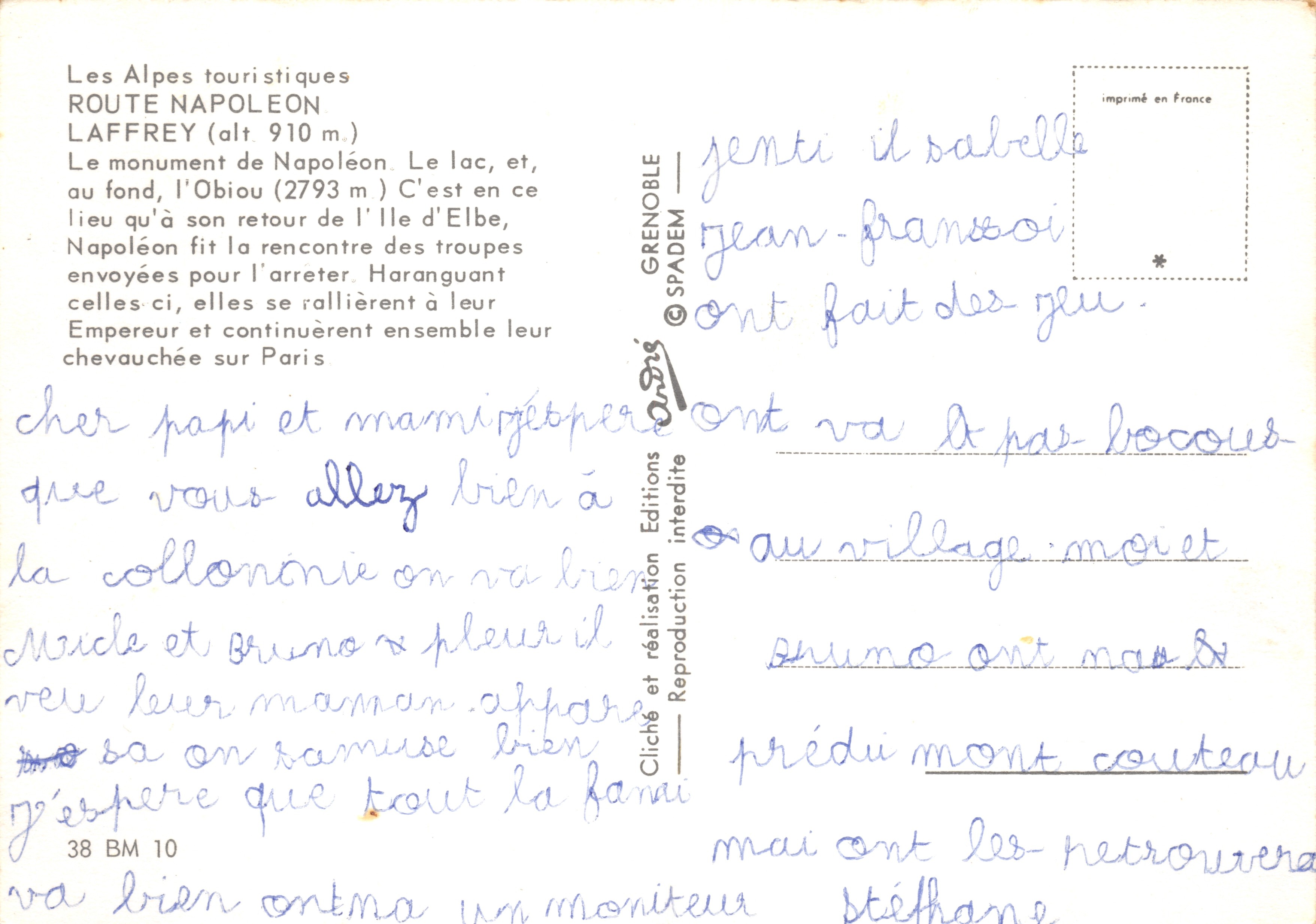 Monumento equestre di Napoleone — Laffrey (Alpi) — Éditions Grenobles — Verso