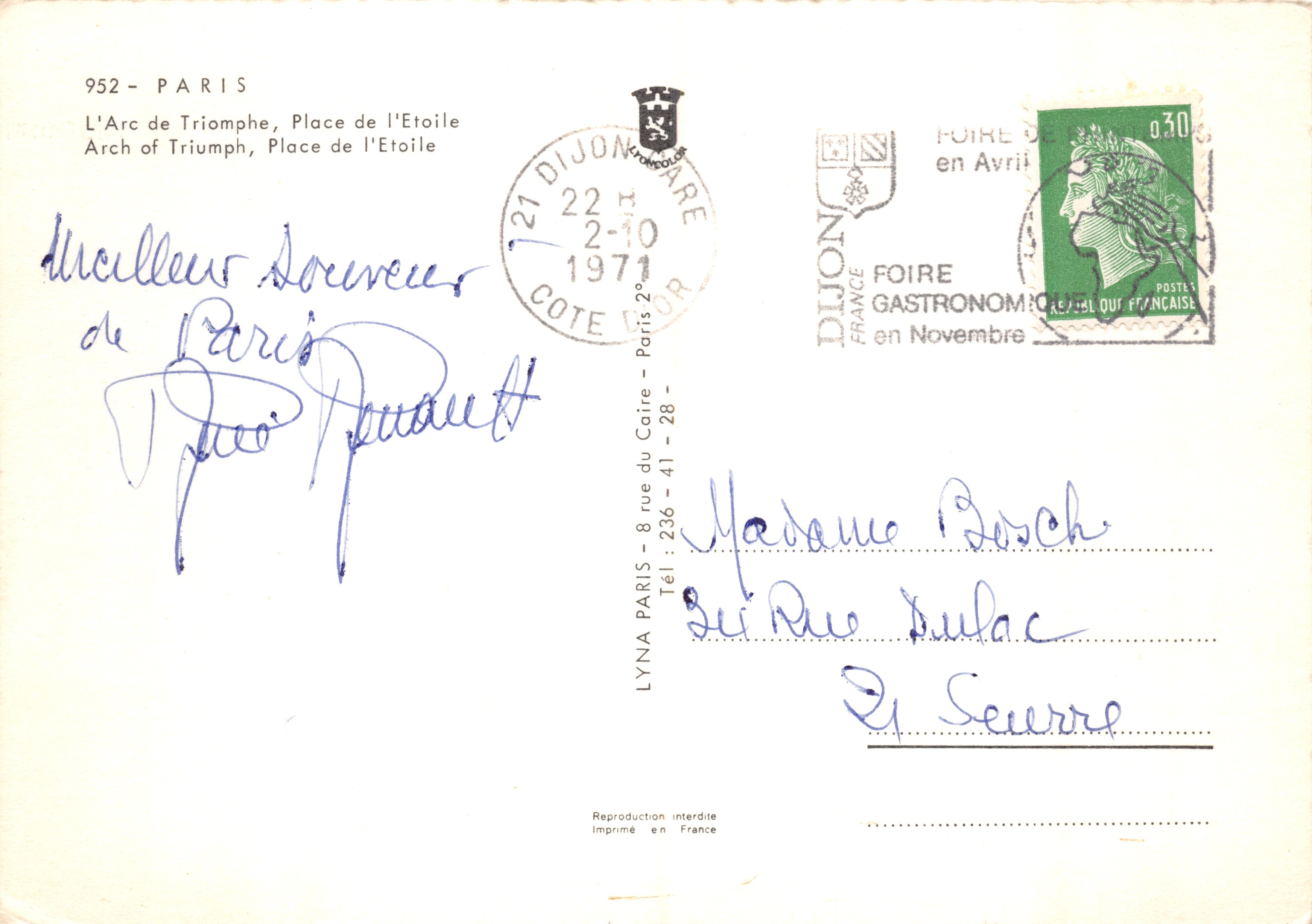 Arc de Triomphe — Place de l'Étoile — éditeur LYN A, n° 952 — Achterkant