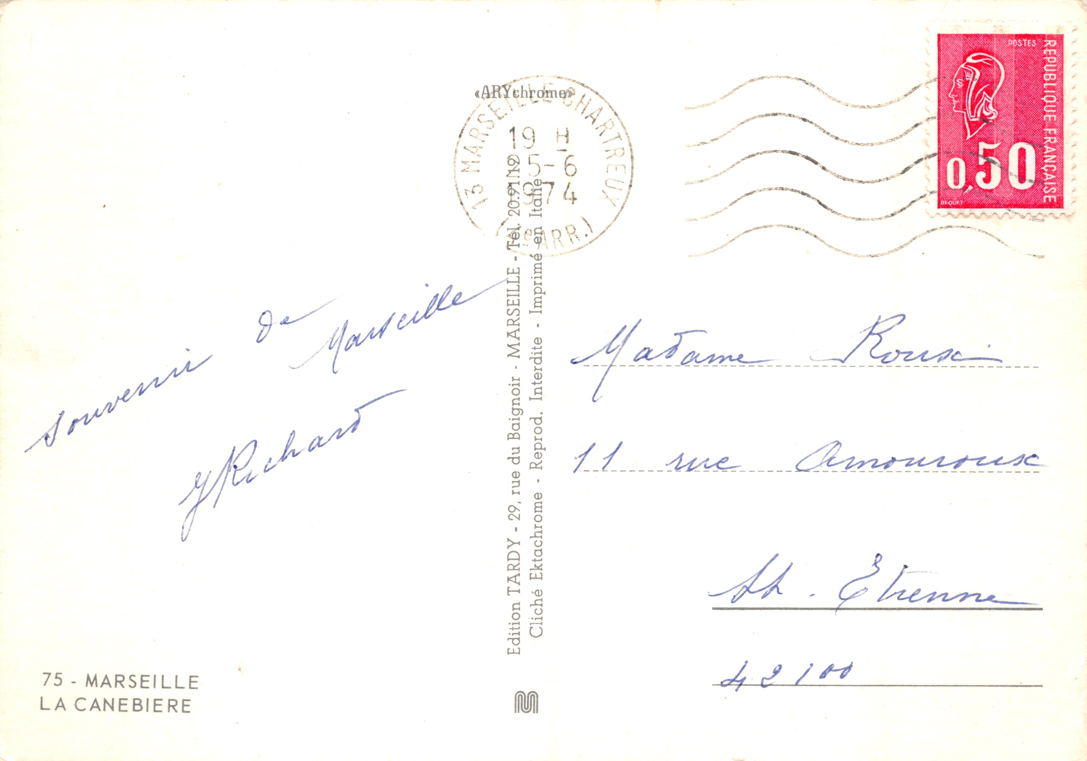 Vue aérienne de la place de la République à Marseille — éditeur ARYchromes, n° 42100 — Verso