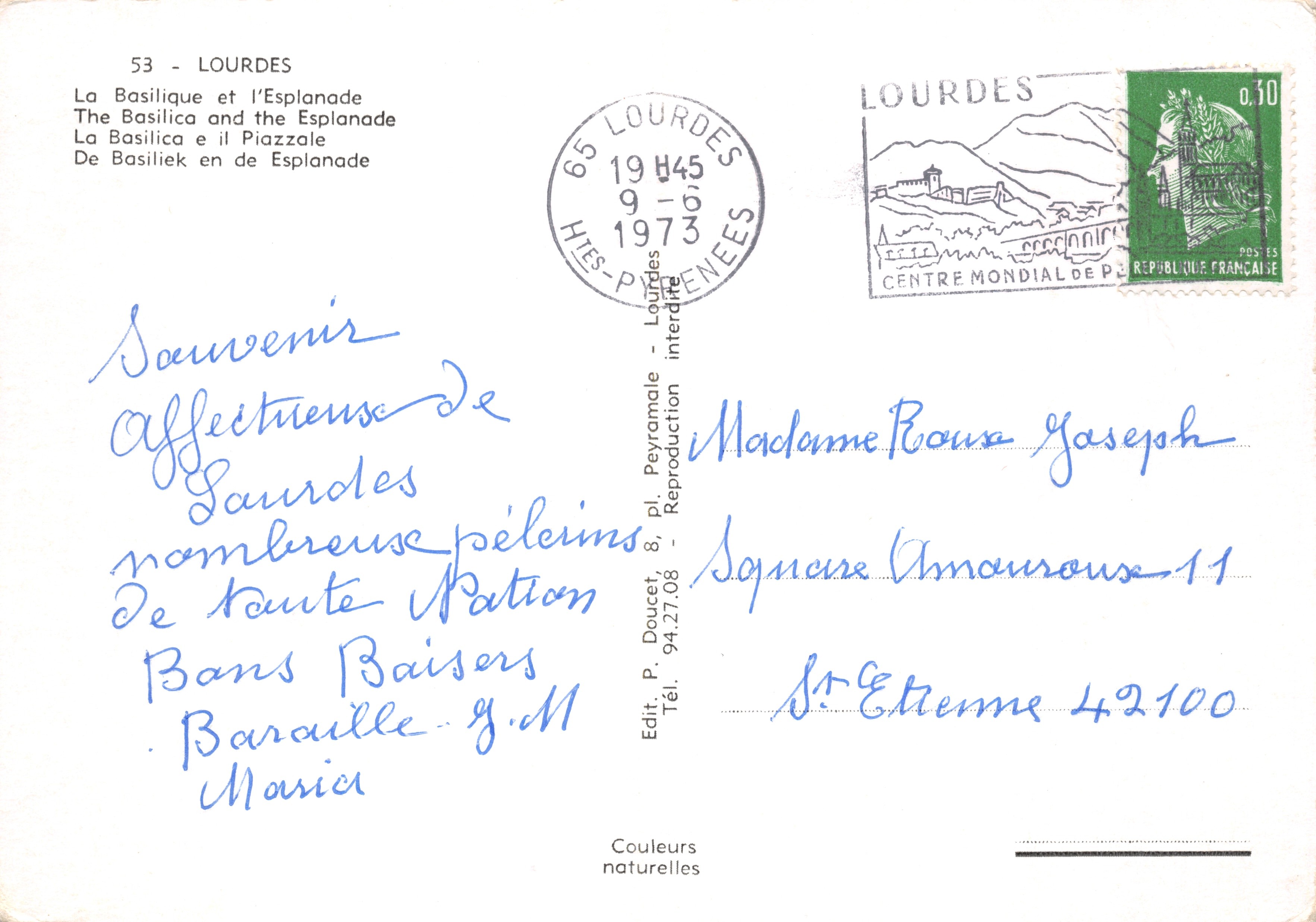 Lourdes — Basilique et l'Esplanade — Éditeur P. Doucet, pl. Peyramale — Verso