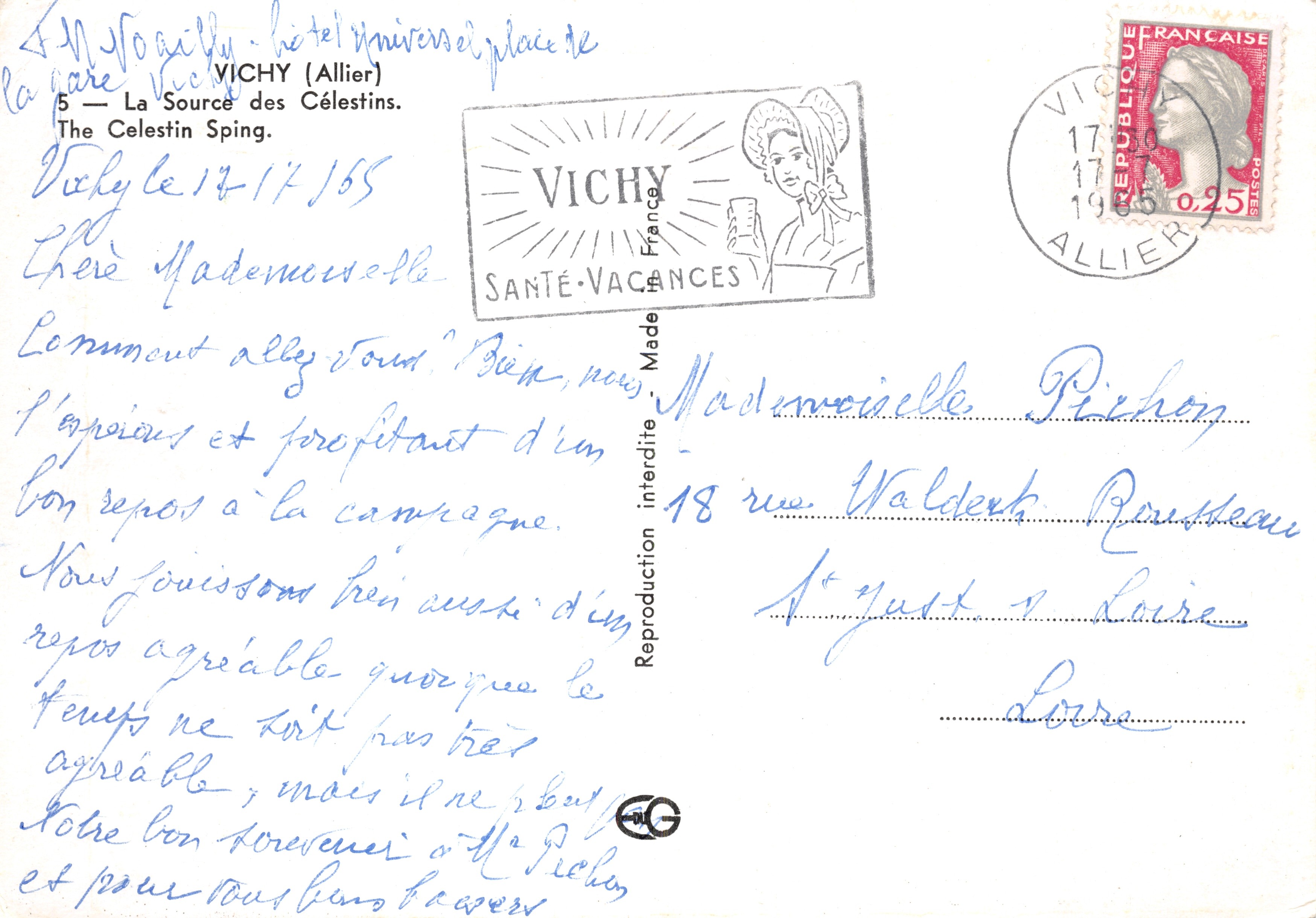 Source des Célestins — bâtiment à arcades orné — éditeur VICHY SANTÉ-VACANCES — Verso