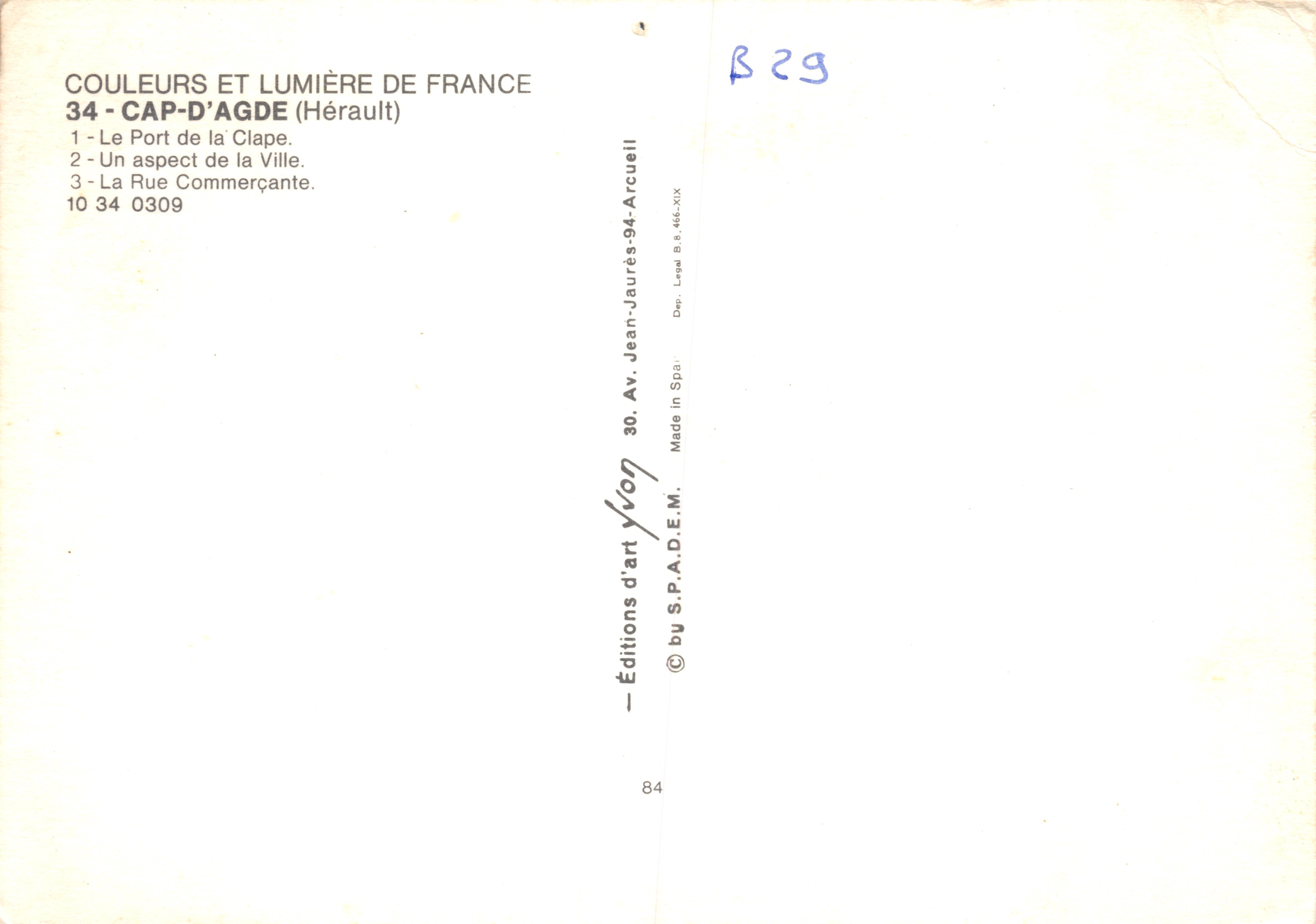 Cap d'Agde — vue du port et rue commerçante — Éditions d'art Yvon — Verso