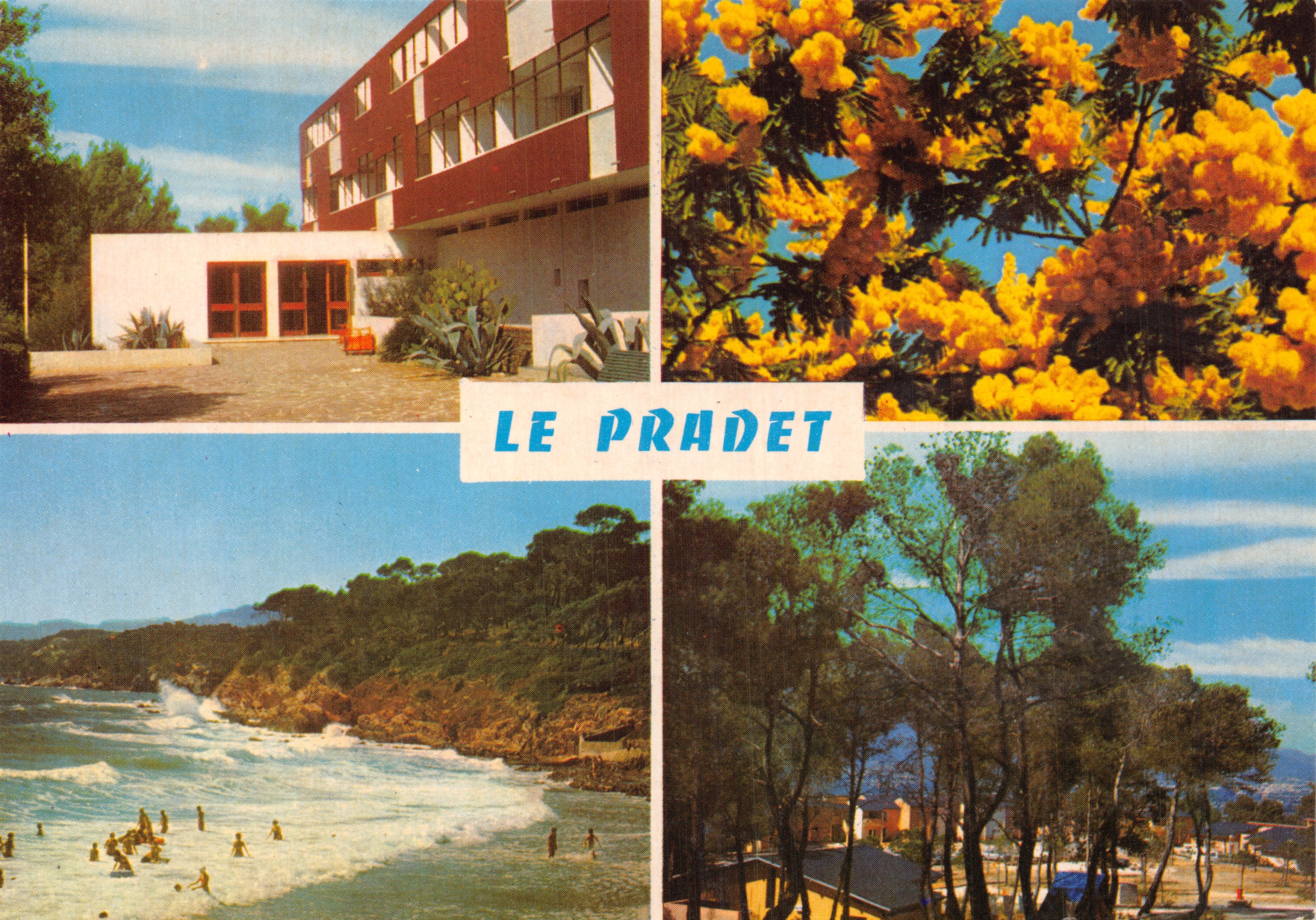 Le Pradet — vue du bâtiment moderne, fleurs jaunes, plage et forêt — Éditions Gais Soleil, Toulouse