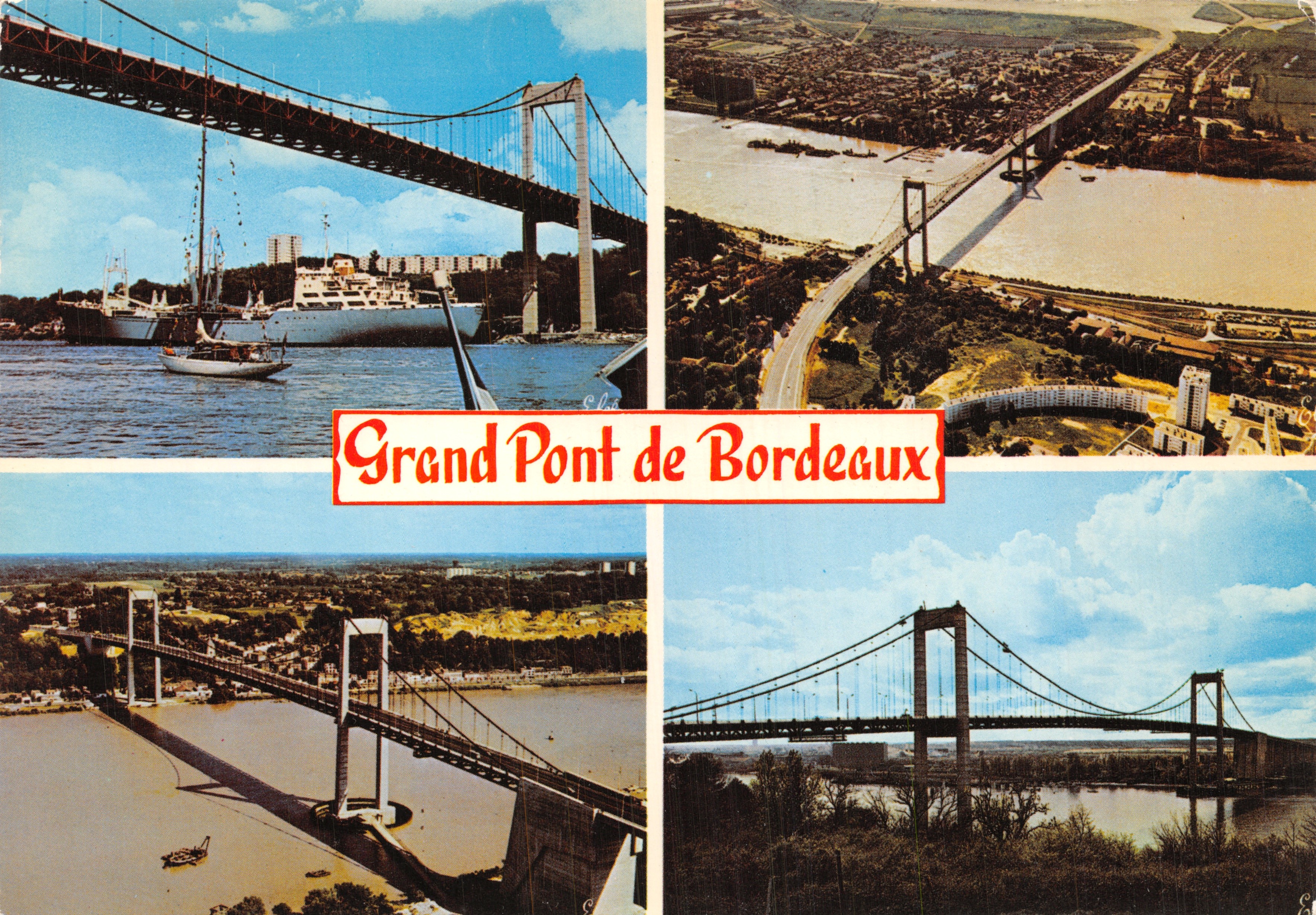Grand Pont de Bordeaux — vue composite du pont suspendu — Éditeur Élécécolor, n° 4675