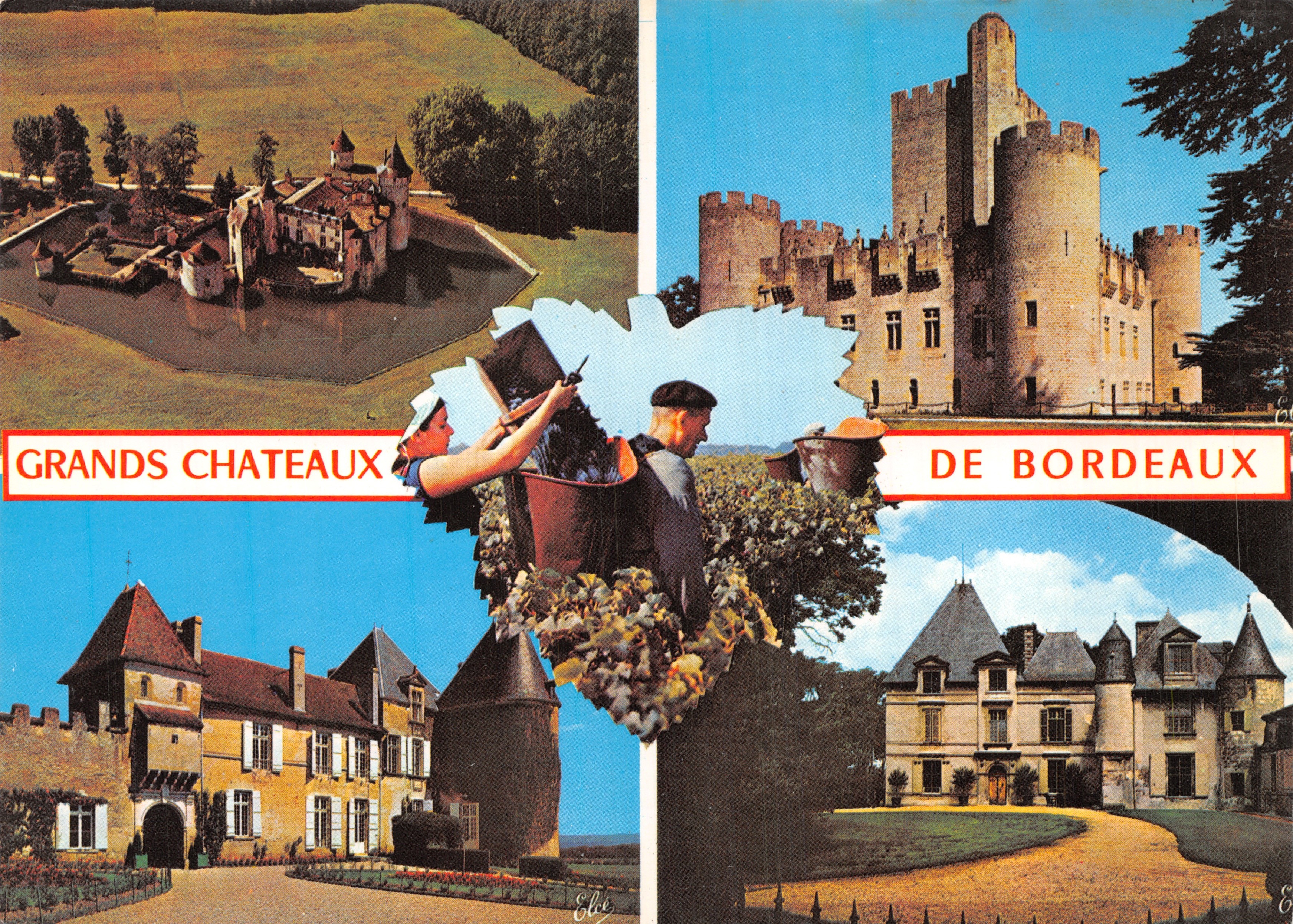 Grands Châteaux de Bordeaux — vue panoramique avec vigneron et châteaux — Éditeur: Elcécôlon