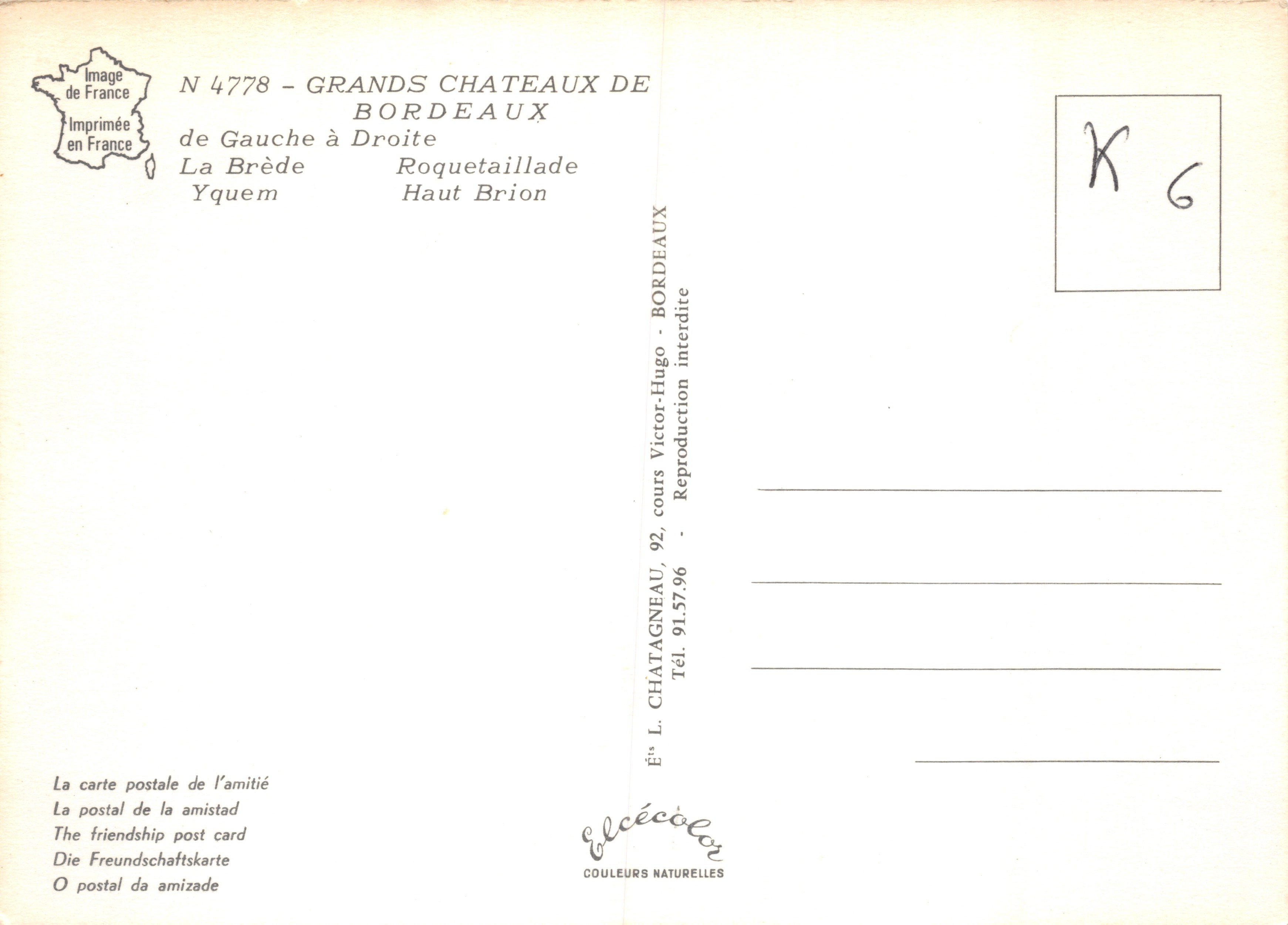 Grands Châteaux de Bordeaux — vue panoramique avec vigneron et châteaux — Éditeur: Elcécôlon — Verso