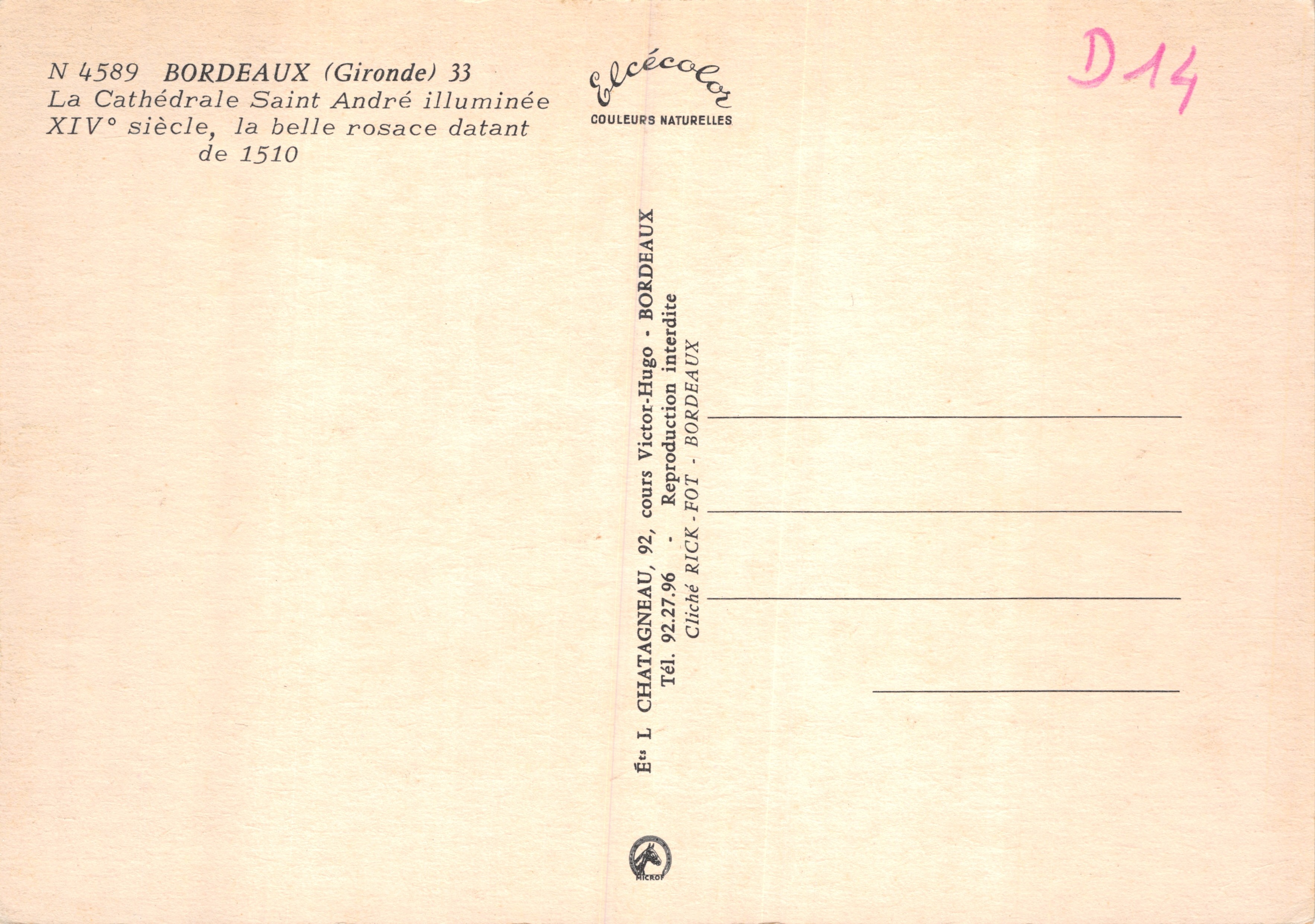 Bordeaux — Cattedrale di San Andrea illuminata — Editore Elcée, n° 4589 — Verso