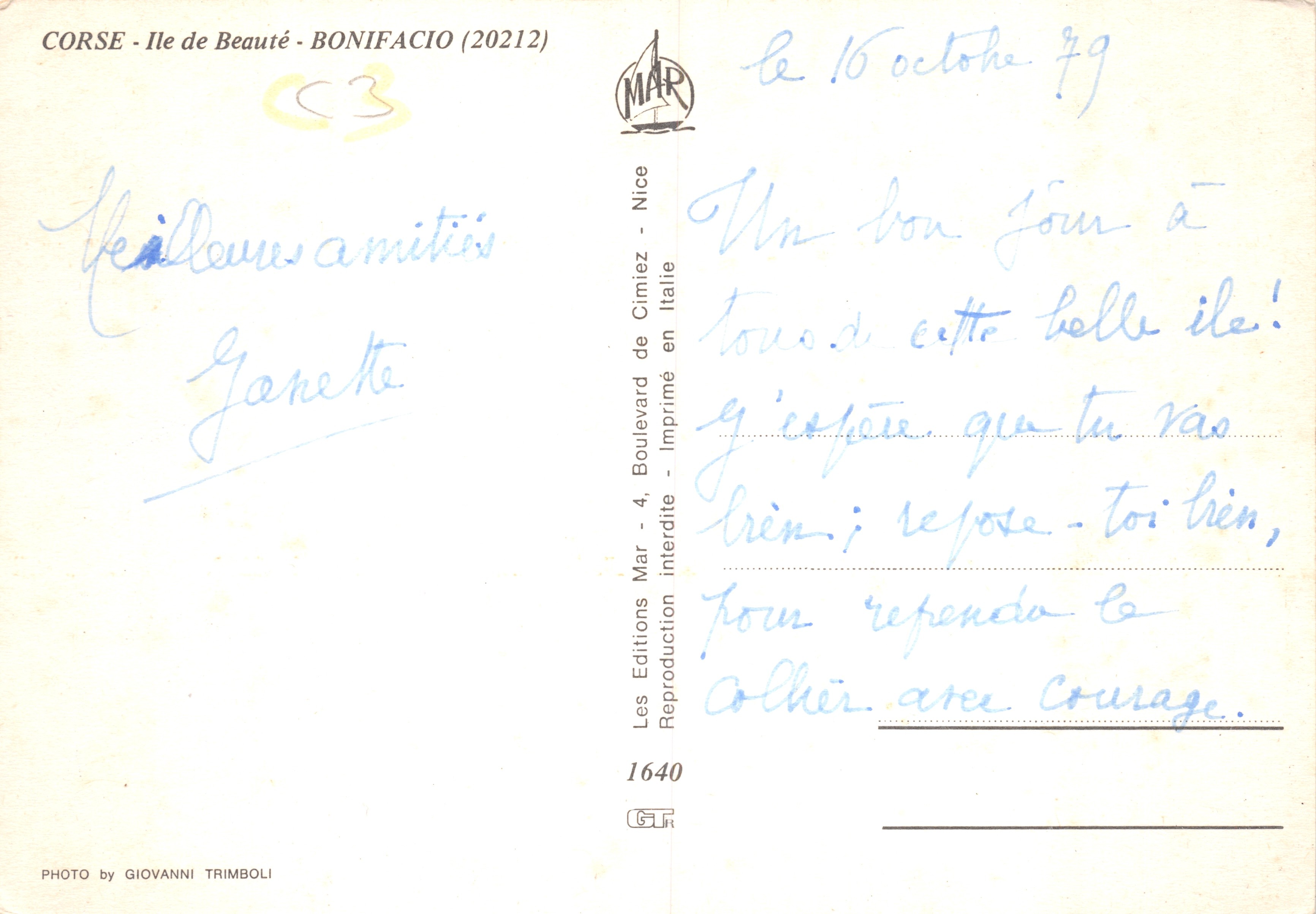 Bonifacio — vista panorámica y puerto — editor MAR, n.º 1640 — Reverso