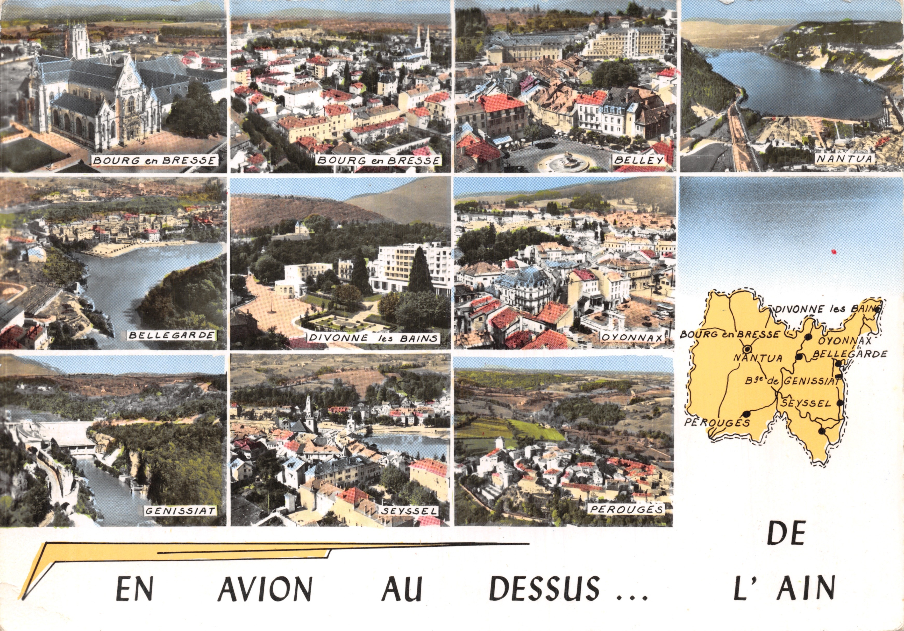 Vue aérienne de Bourg-en-Bresse, Divonne-les-Bains, Belley, Nantua, Bellegarde, Oyonnax, Genissiat, Perouges — éditeur LAPIE