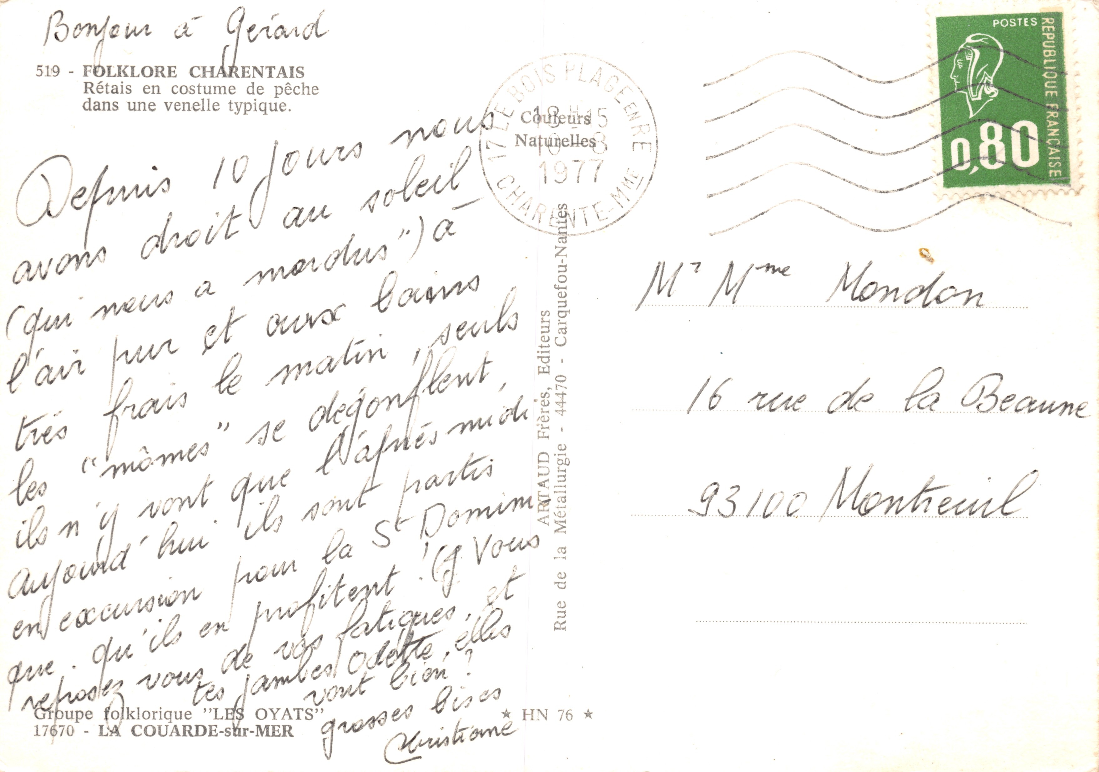 Rétails en costume de pêche dans une venelle typique — Folklore Charentais, éditeur ARNAUD Frères, n°519 — Verso