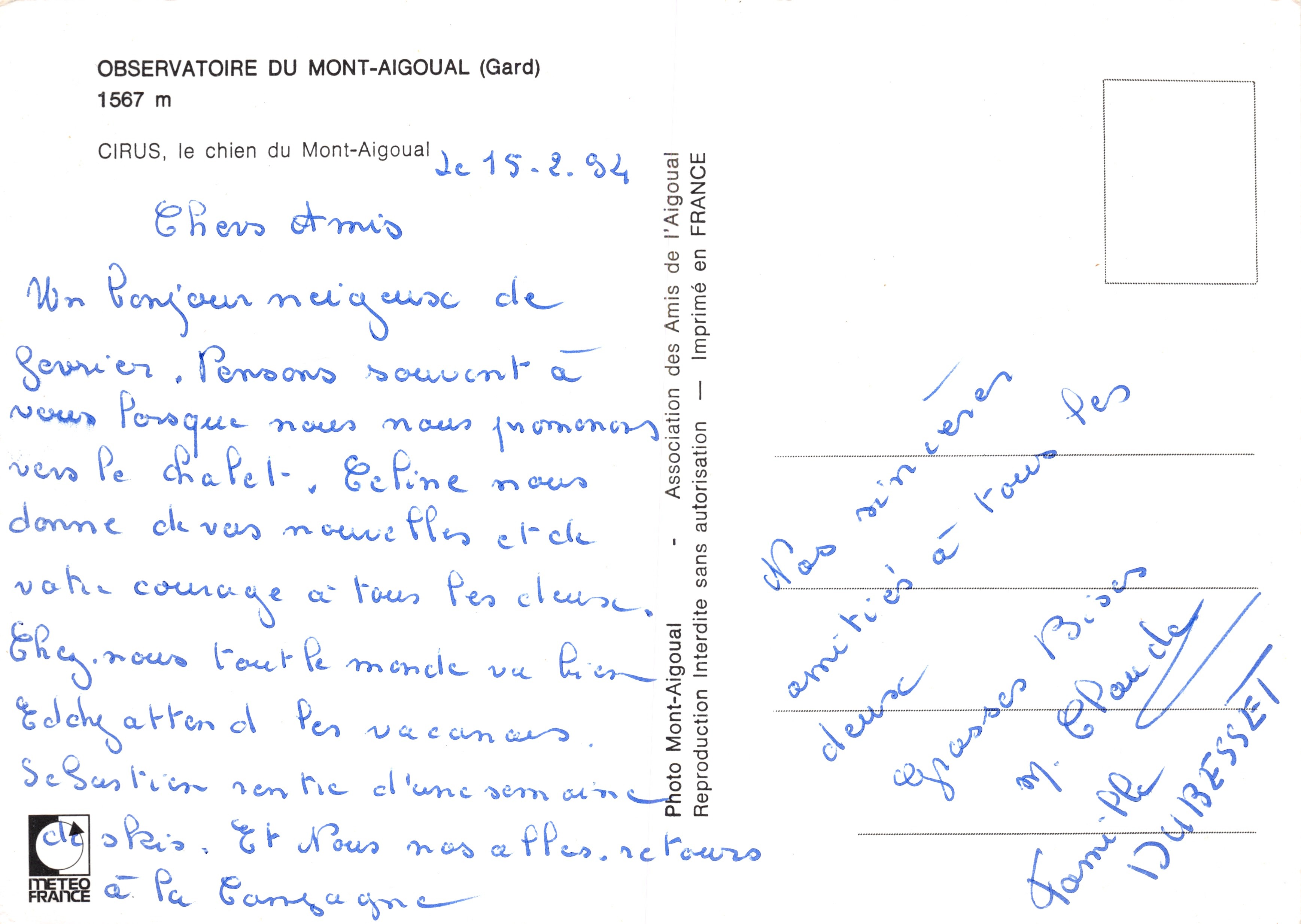 Mountain Dog — Cirrus at Mont-Aigoual — Printed on the postcard by the Association des Amis de l'Aigoual — Back