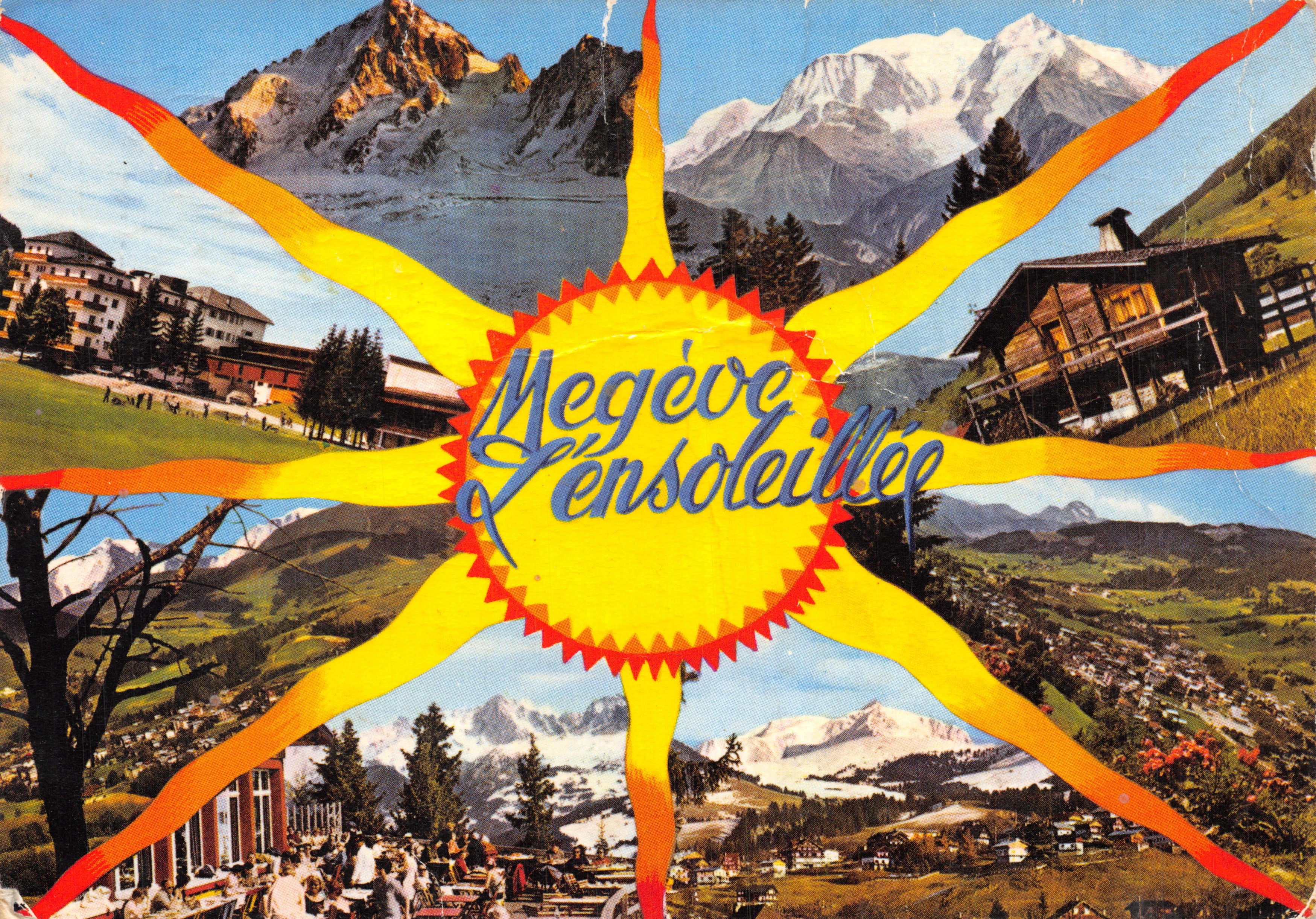 Megève l'Ensoleillée — vista panorámica con montañas nevadas y edificios alpinos — Éditions MEGÈVE