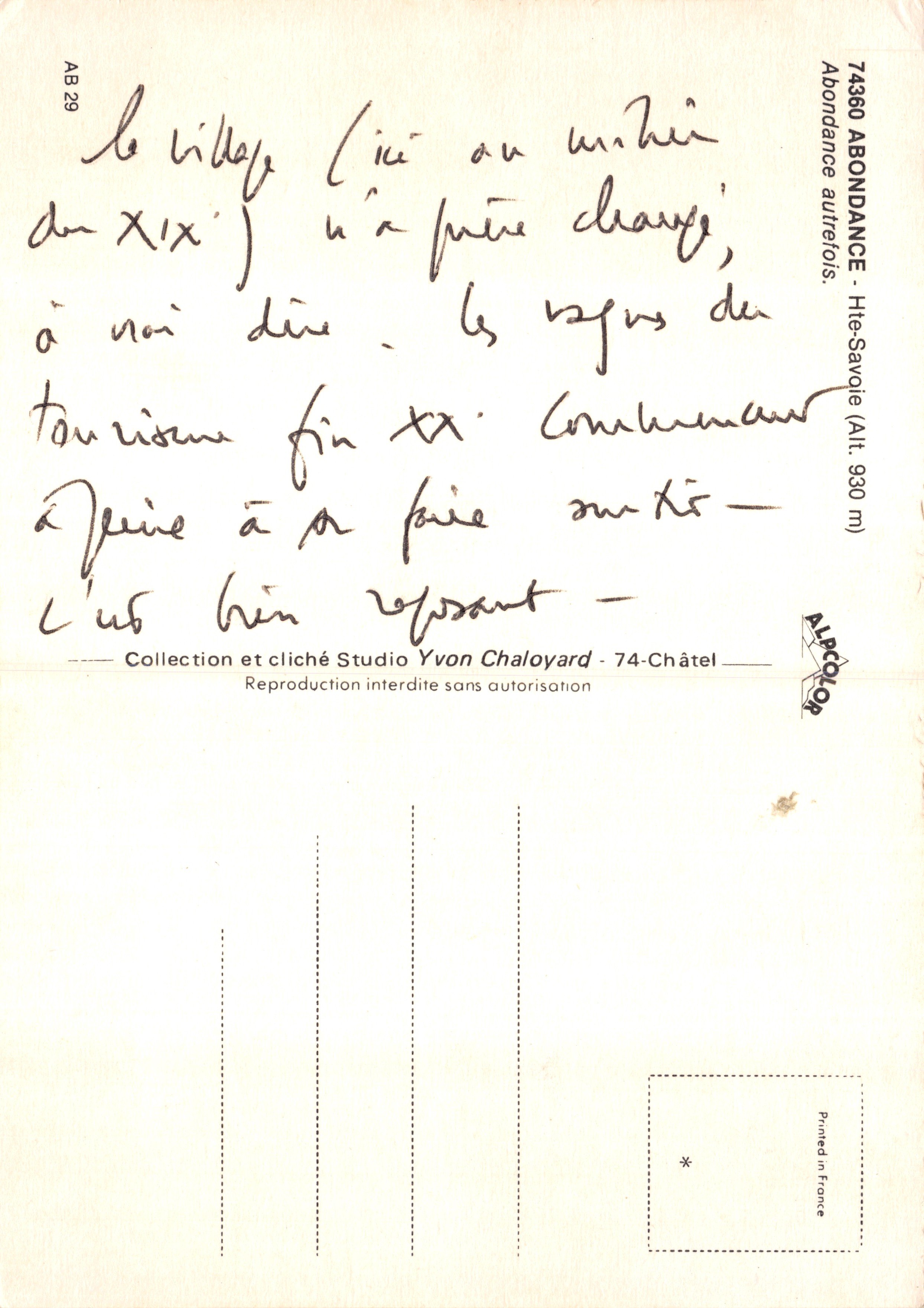 Abondance — pueblo alpino del siglo XIX — Studio Yvon Chaloyard — Reverso