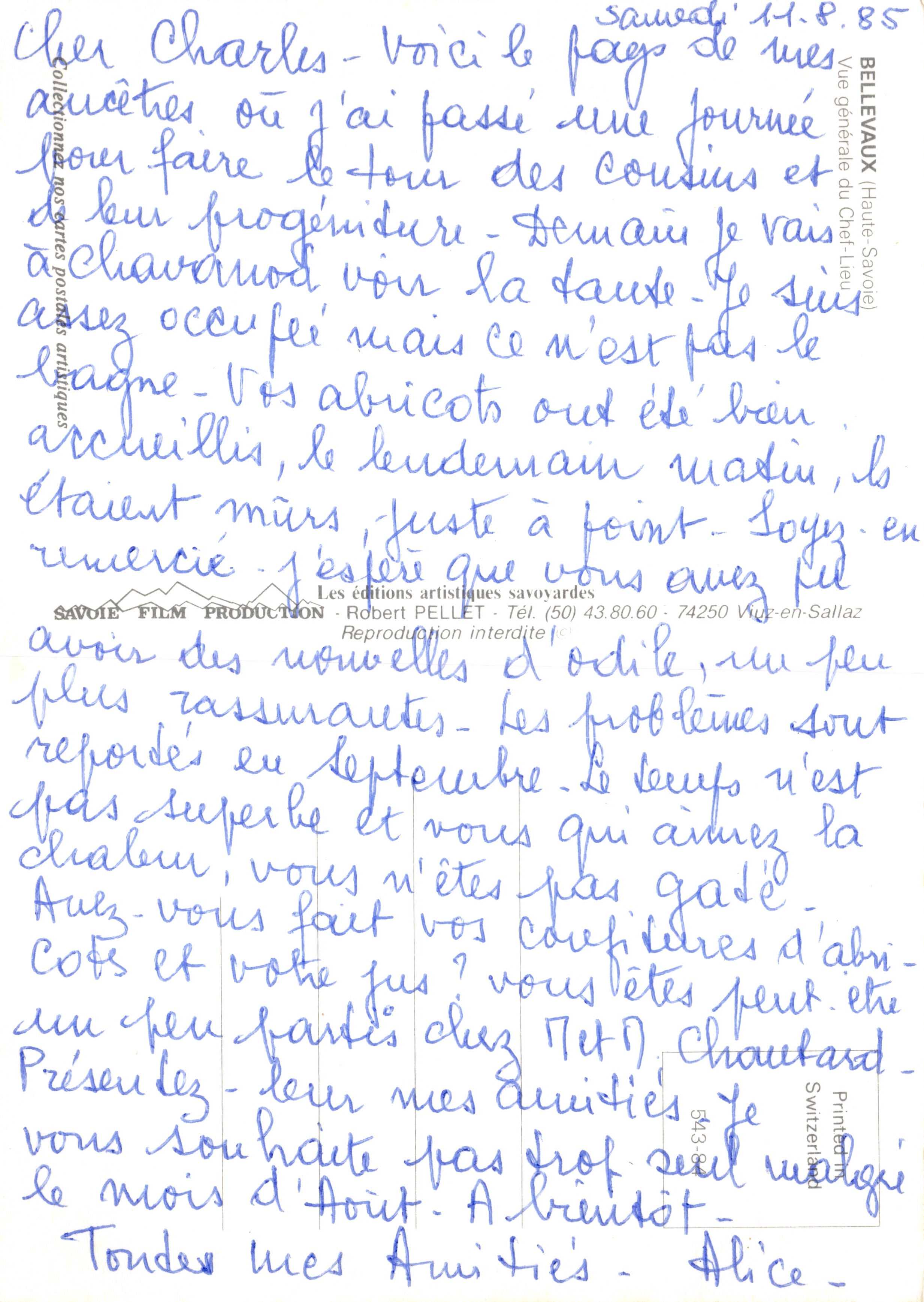 Vue générale du Chef-Lieu — Bellevaux (Haute-Savoie) — Les éditions artistiques savoyardes — Verso