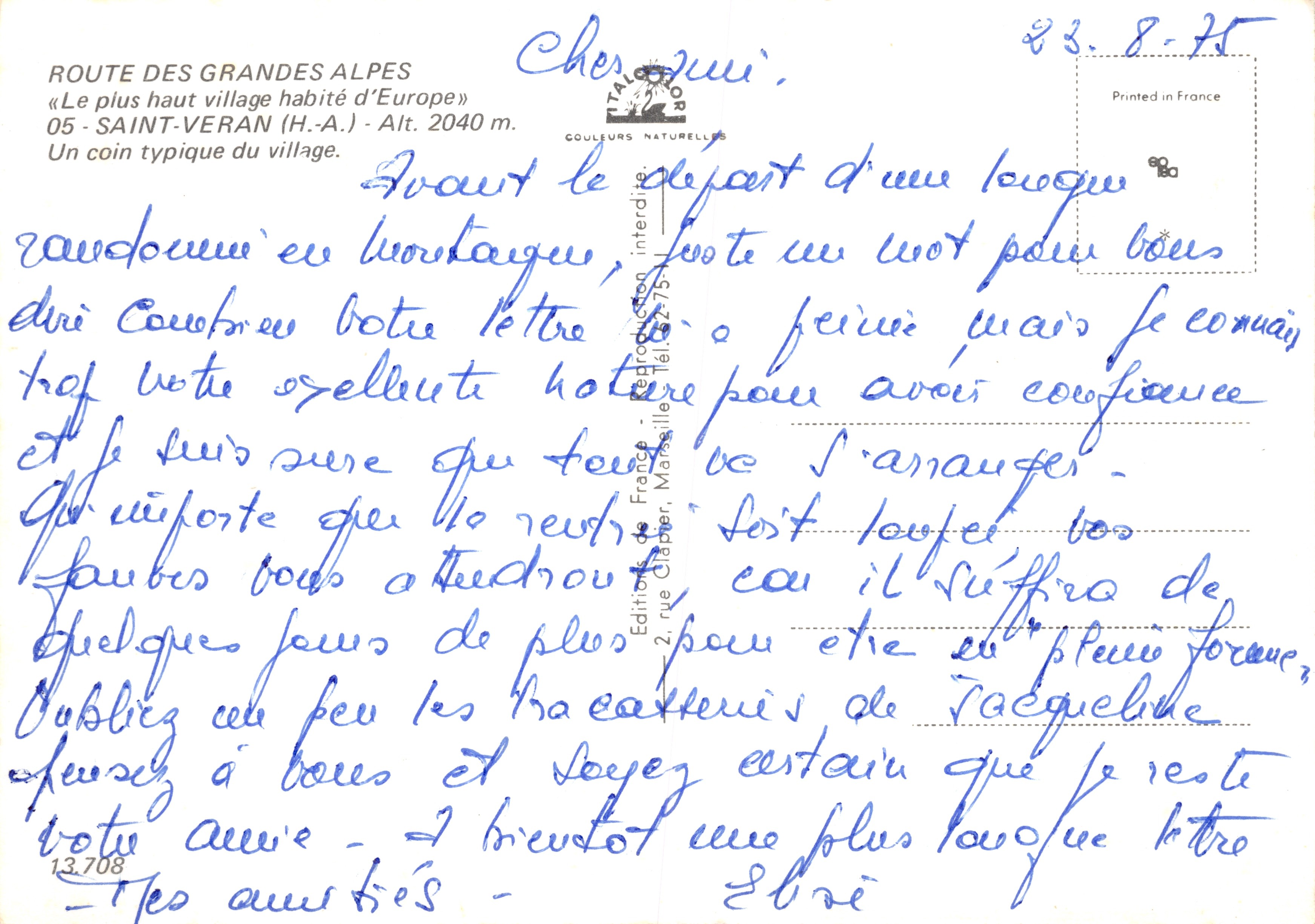 Saint-Veran — villaggio alpino tipico — Editions de France, Marsilliers — Verso