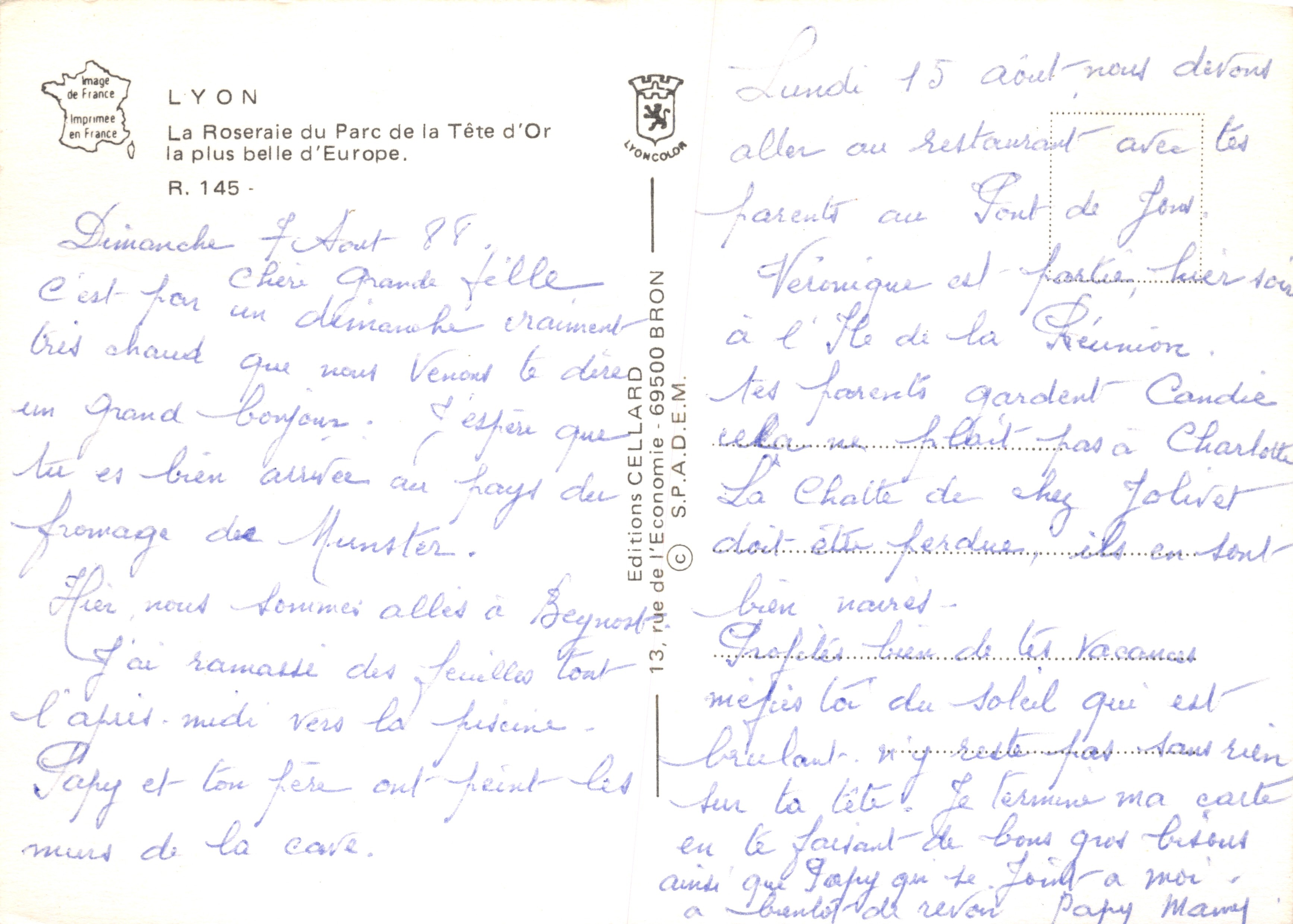 LYON La Roseaie — Jardín botánico con pérgolas y estatuas, editorial LYONCOLOR, n.º R. 145 — Reverso