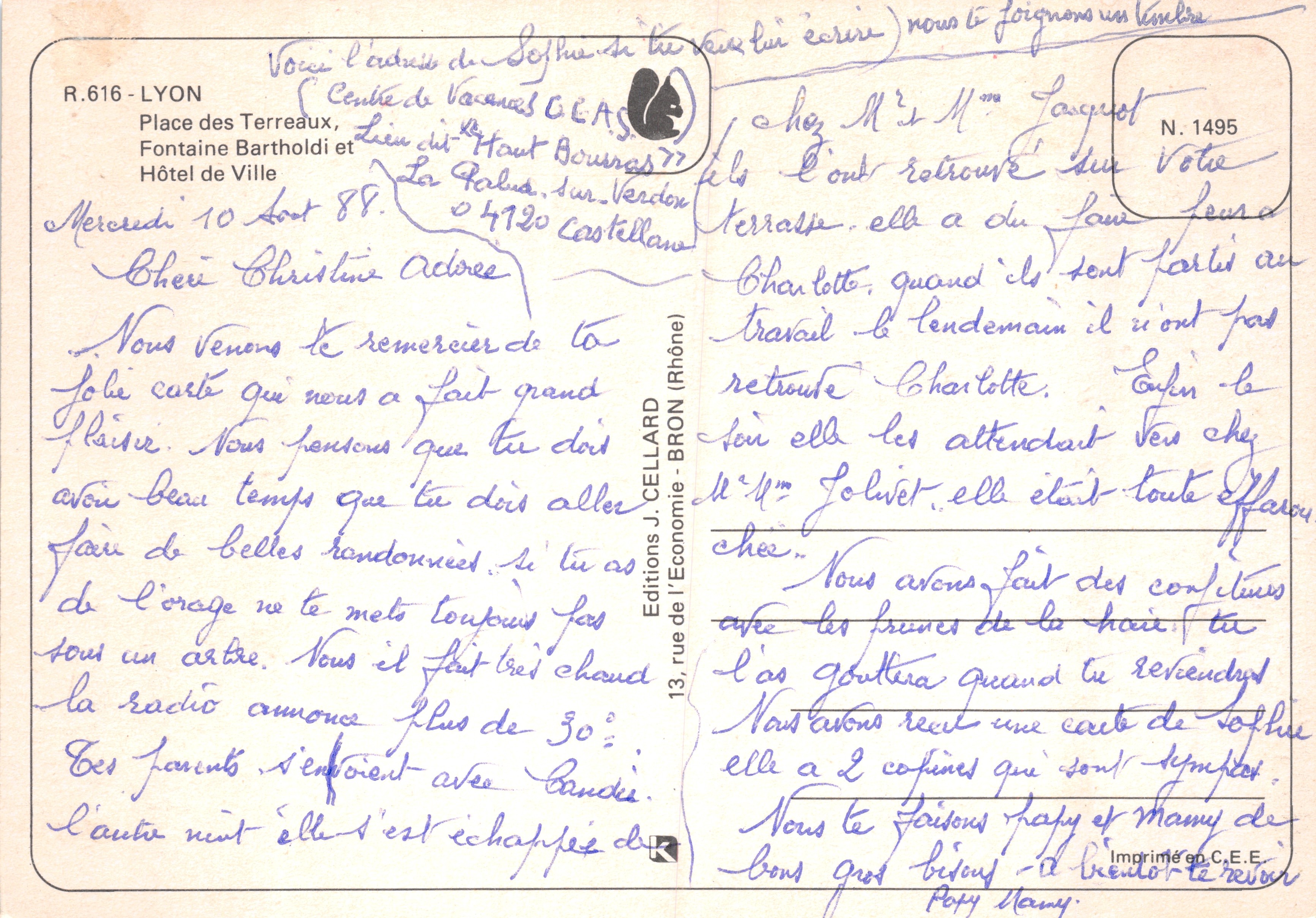 Place Bellecour — Ayuntamiento y Fuente Bartholdi — Editions J. CELLARD — Reverso