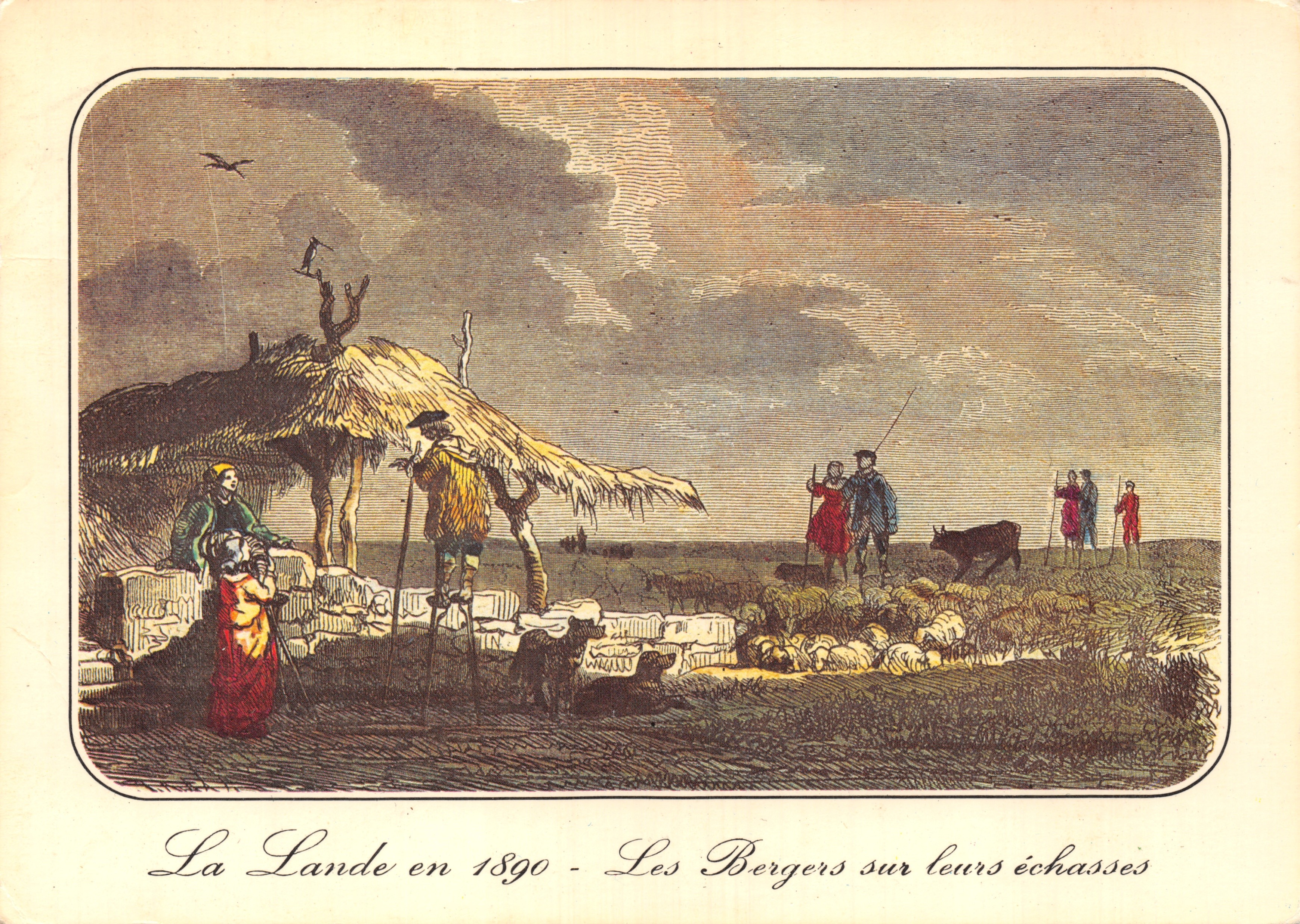 La Lande im Jahr 1890 — Schäfer auf ihren Stelzen — Kupferstich von Dauligny