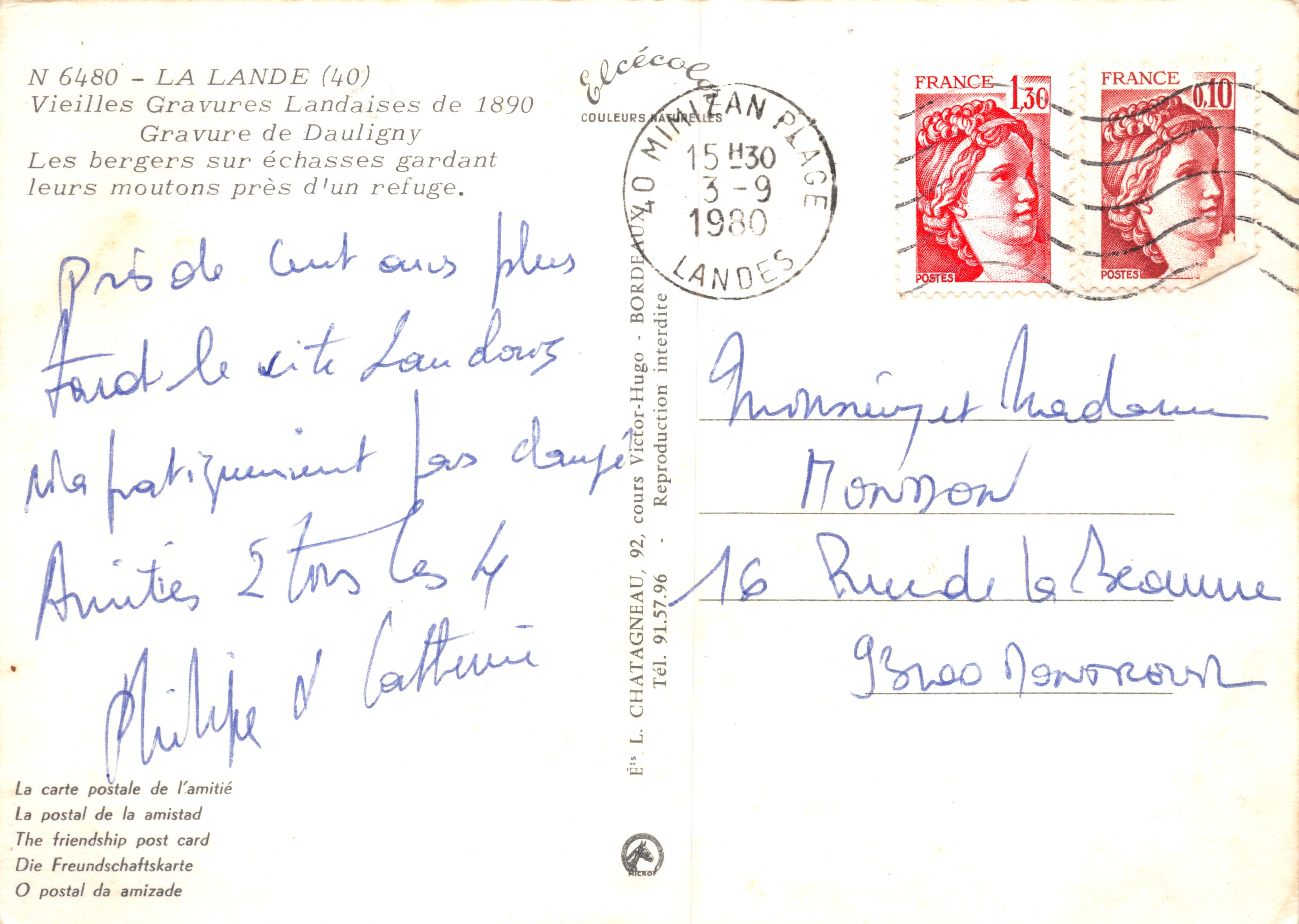 La Lande im Jahr 1890 — Schäfer auf ihren Stelzen — Kupferstich von Dauligny — Rückseite