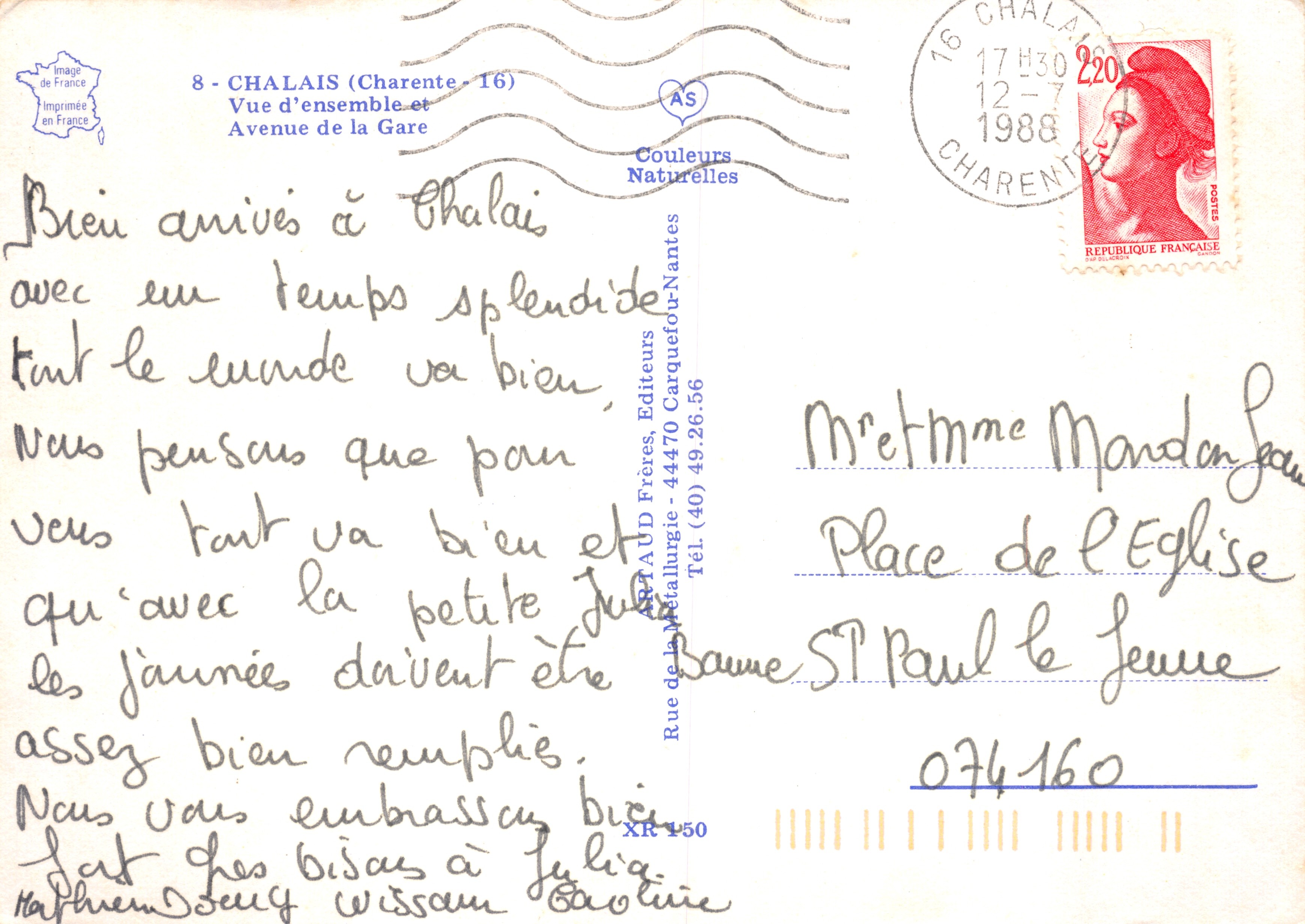 Chalais (Charente) — Panoramica e Avenue de la Gare — Artaud Frères, Editori — Verso