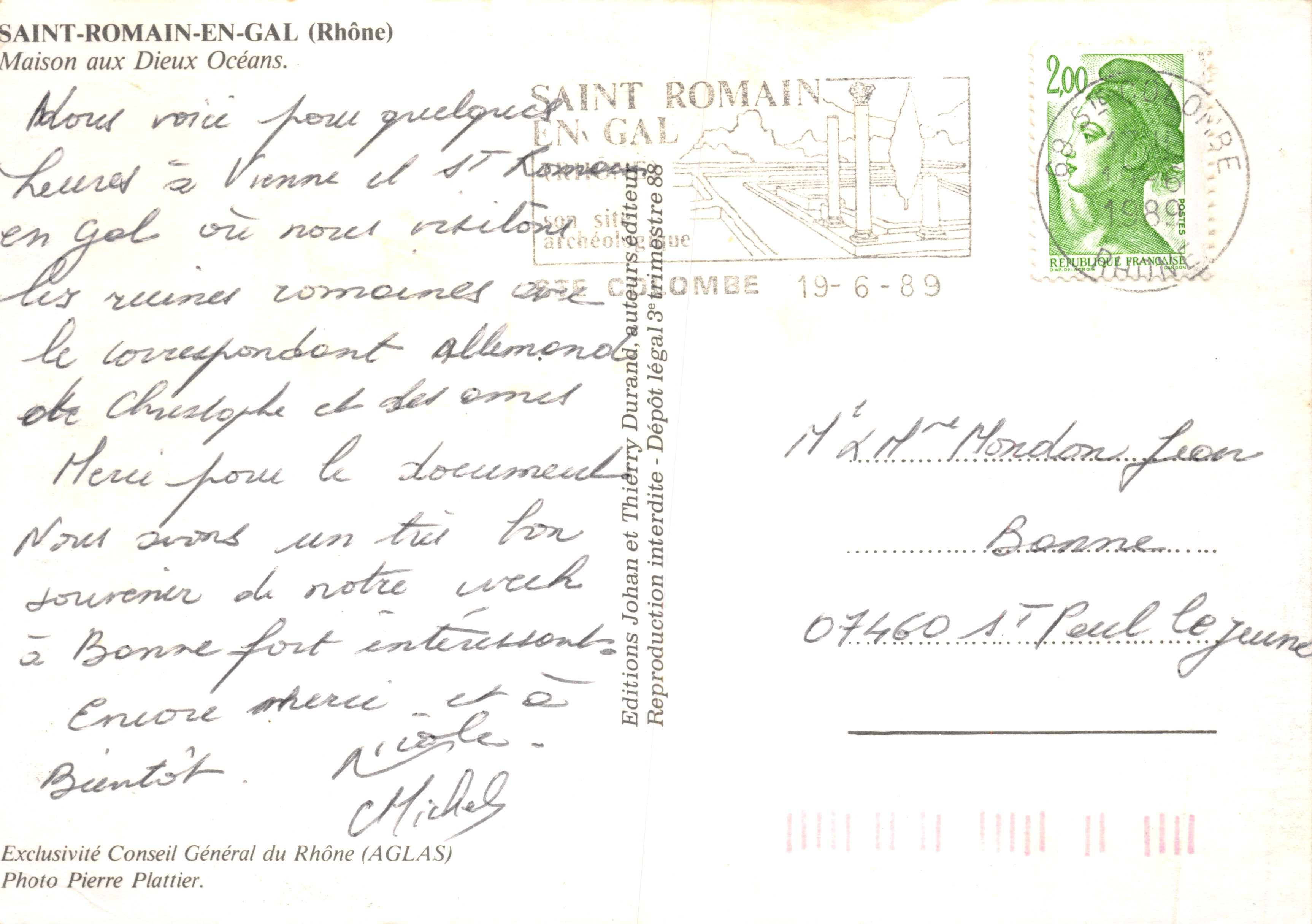 Saint-Romain-en-Gal (Rhône) — Maison aux Dieux Océans, site archéologique avec mosaïque centrale — Éditions Johan et Thierry Durand, n° 88 — Verso