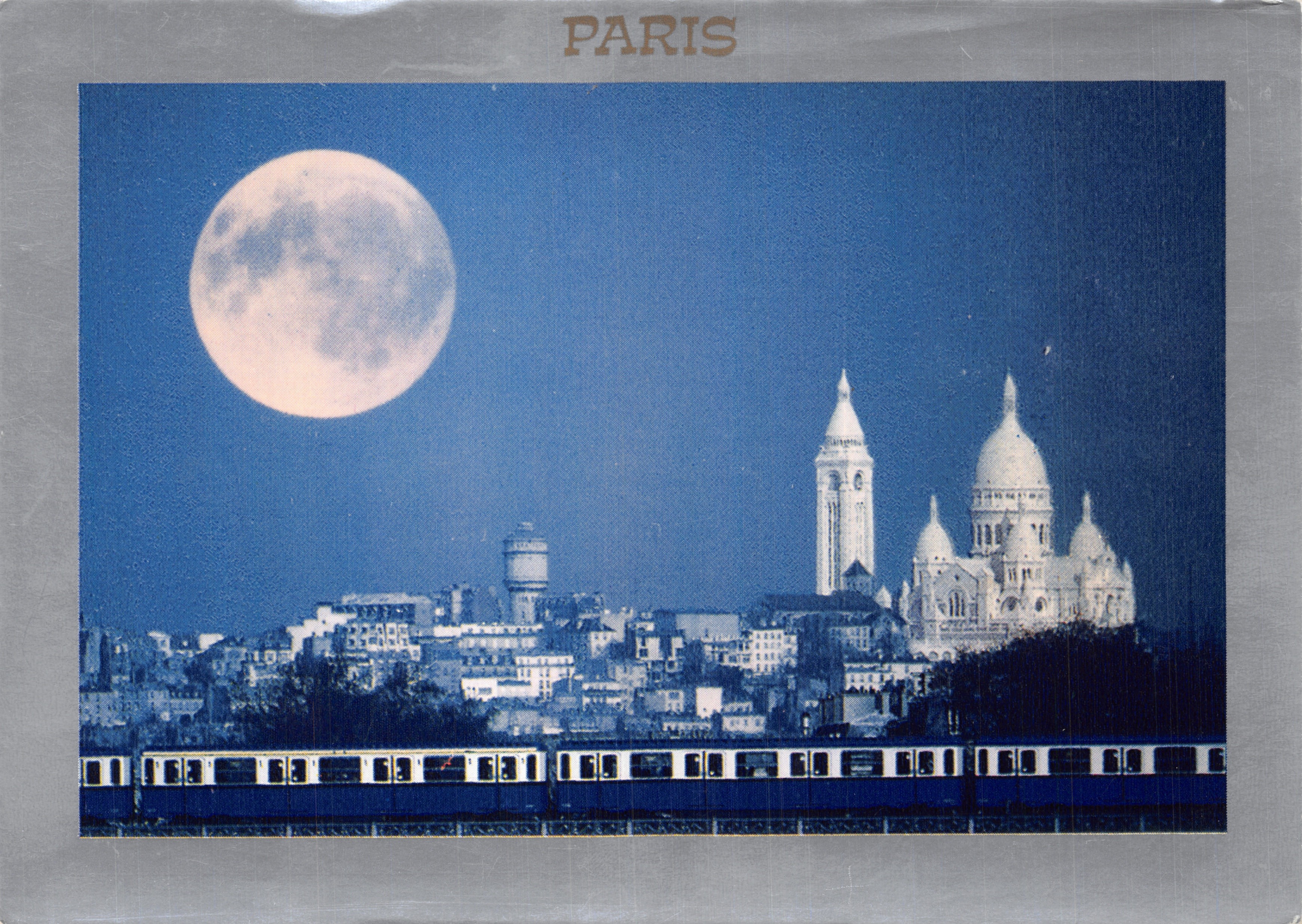 París — vista nocturna del Sacré-Cœur con metro y luna llena — editor Cap-Théojac, n.º PCH 52