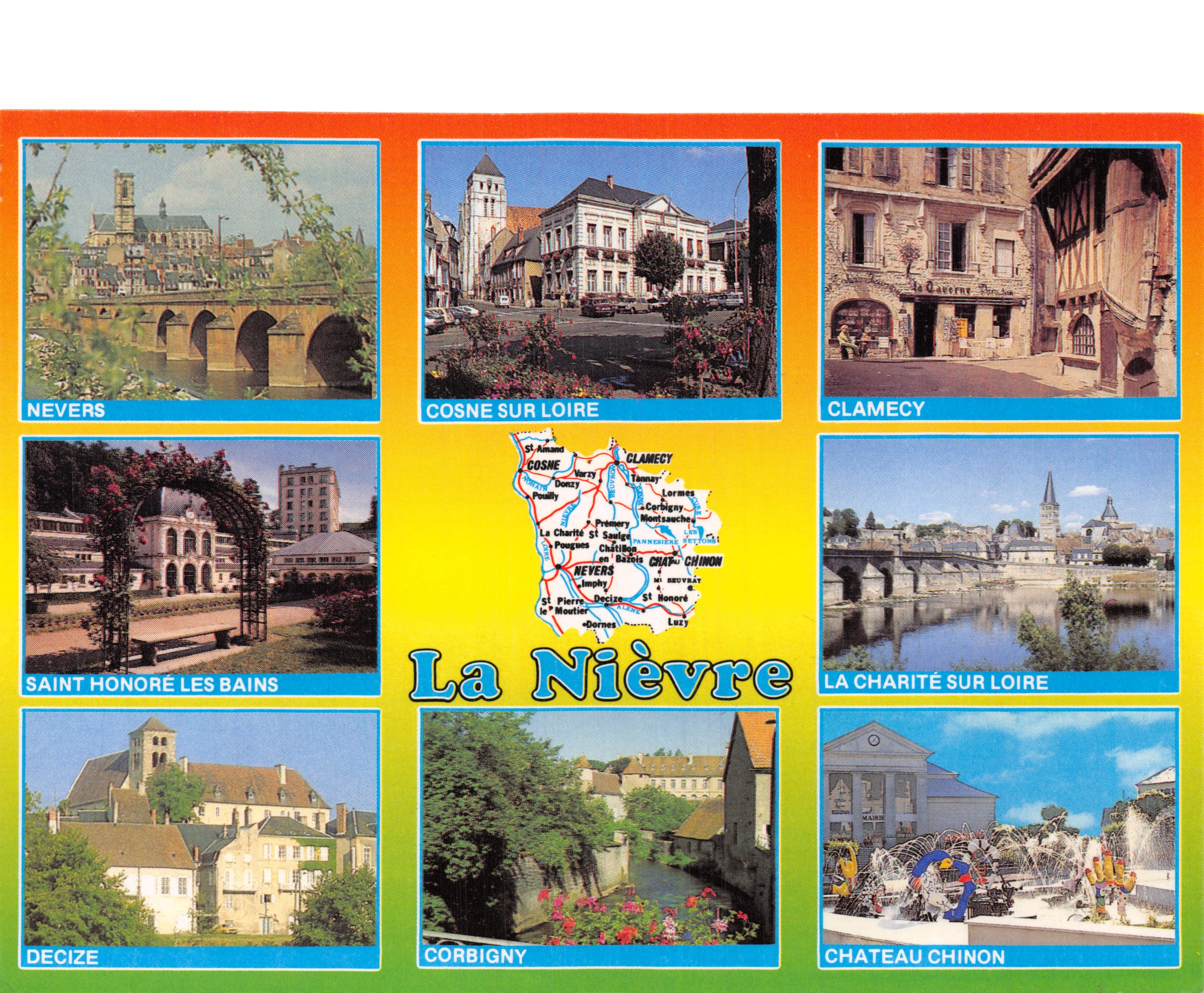 La Nièvre — Carte postale touristique avec 8 vignettes de villes — Éditions Nivernaises