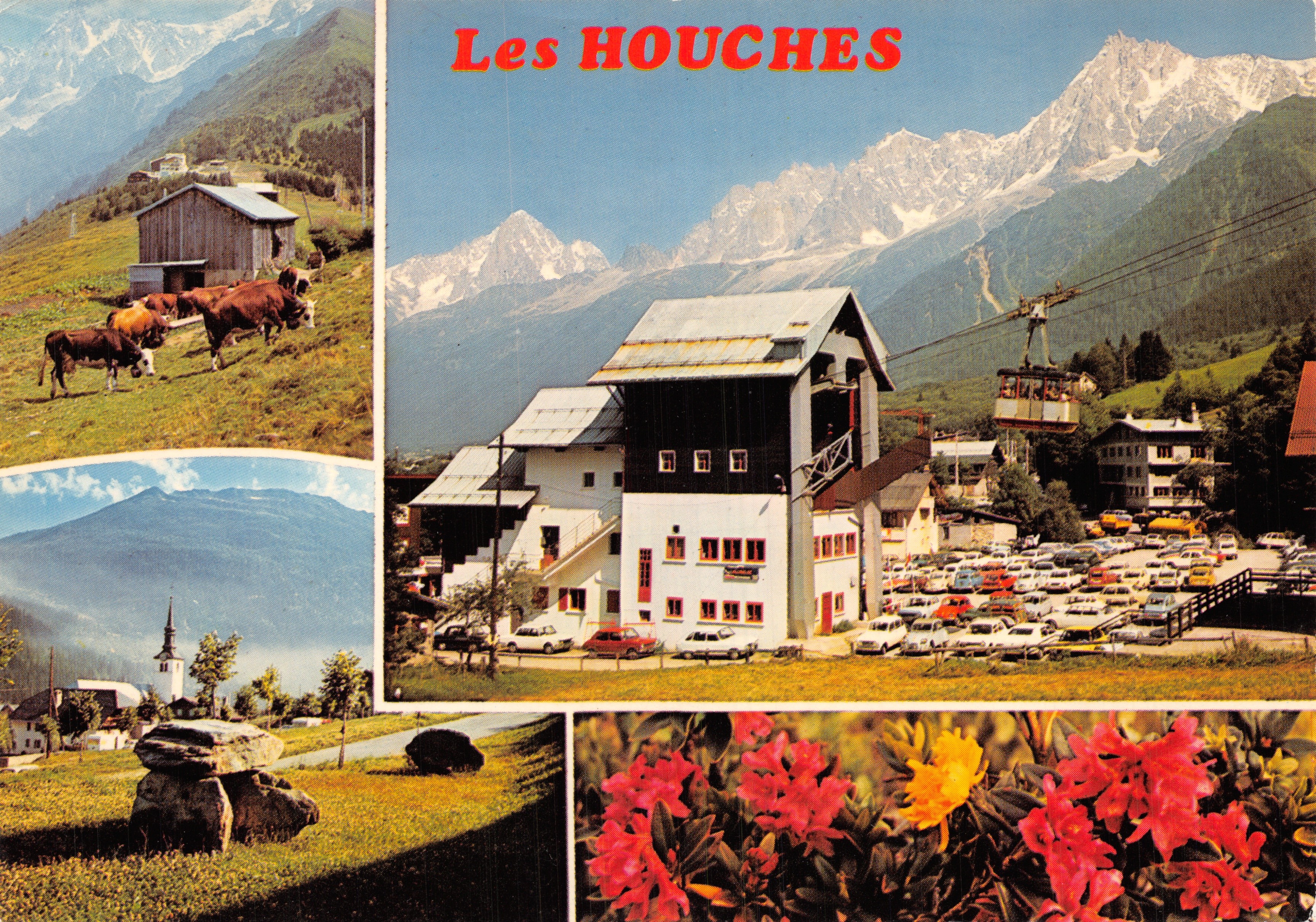 Les HOUCHES — vista panorámica con montañas, teleférico y flores — Éditions CELLARD
