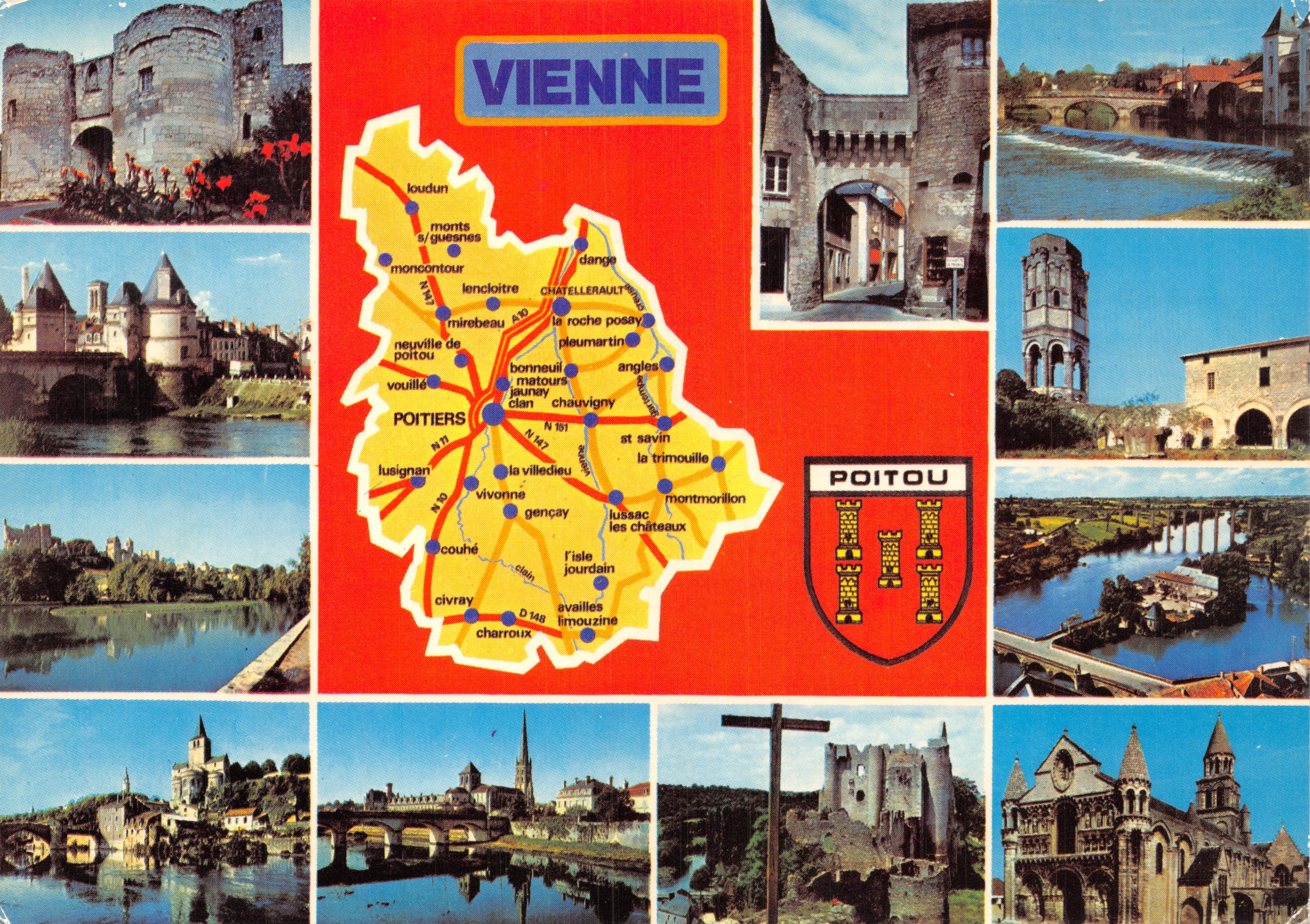 Vienne — Carte postale touristique avec carte du Poitou — Éditeur La Vienne Touristique