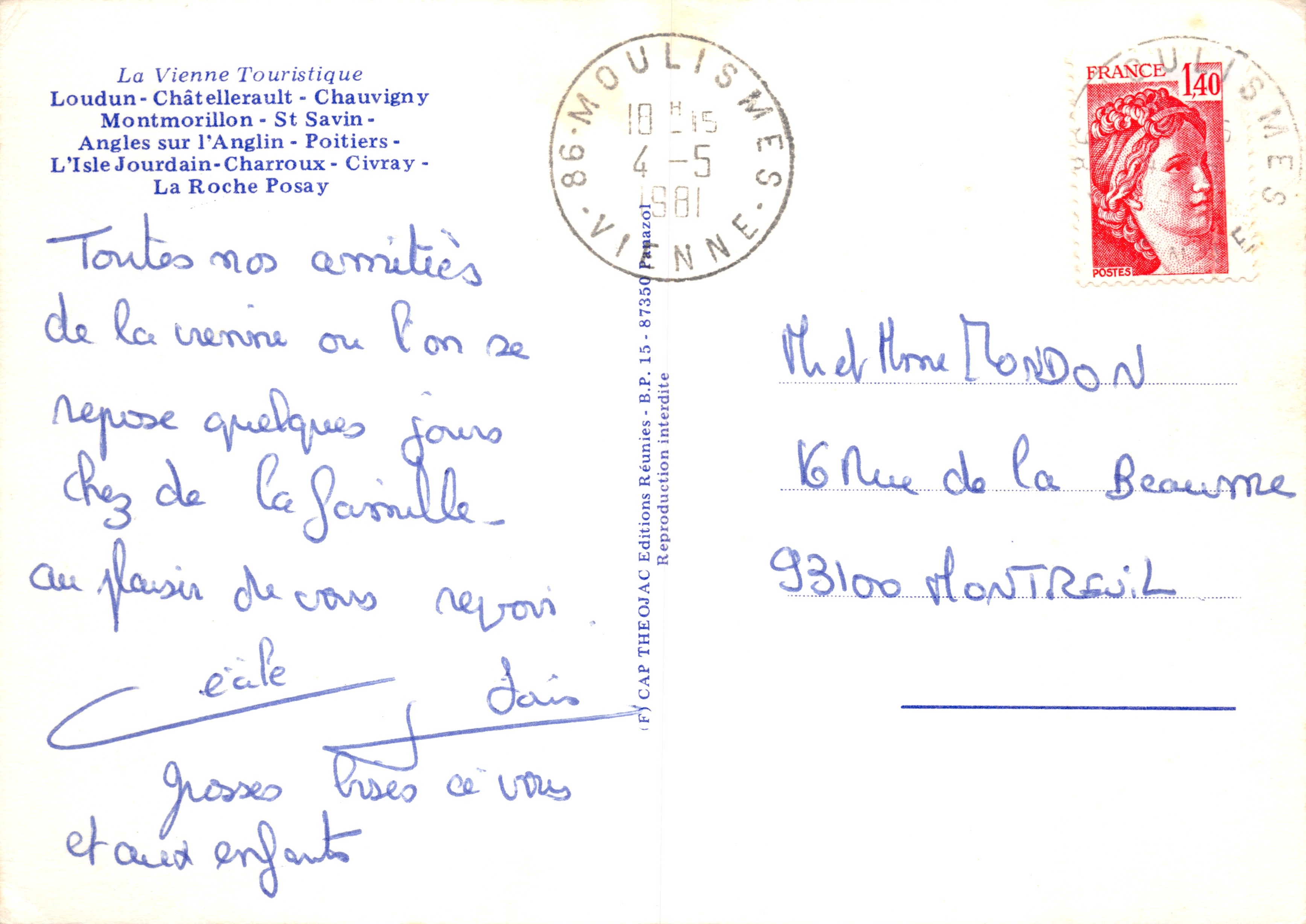 Vienne — Carte postale touristique avec carte du Poitou — Éditeur La Vienne Touristique — Reverso