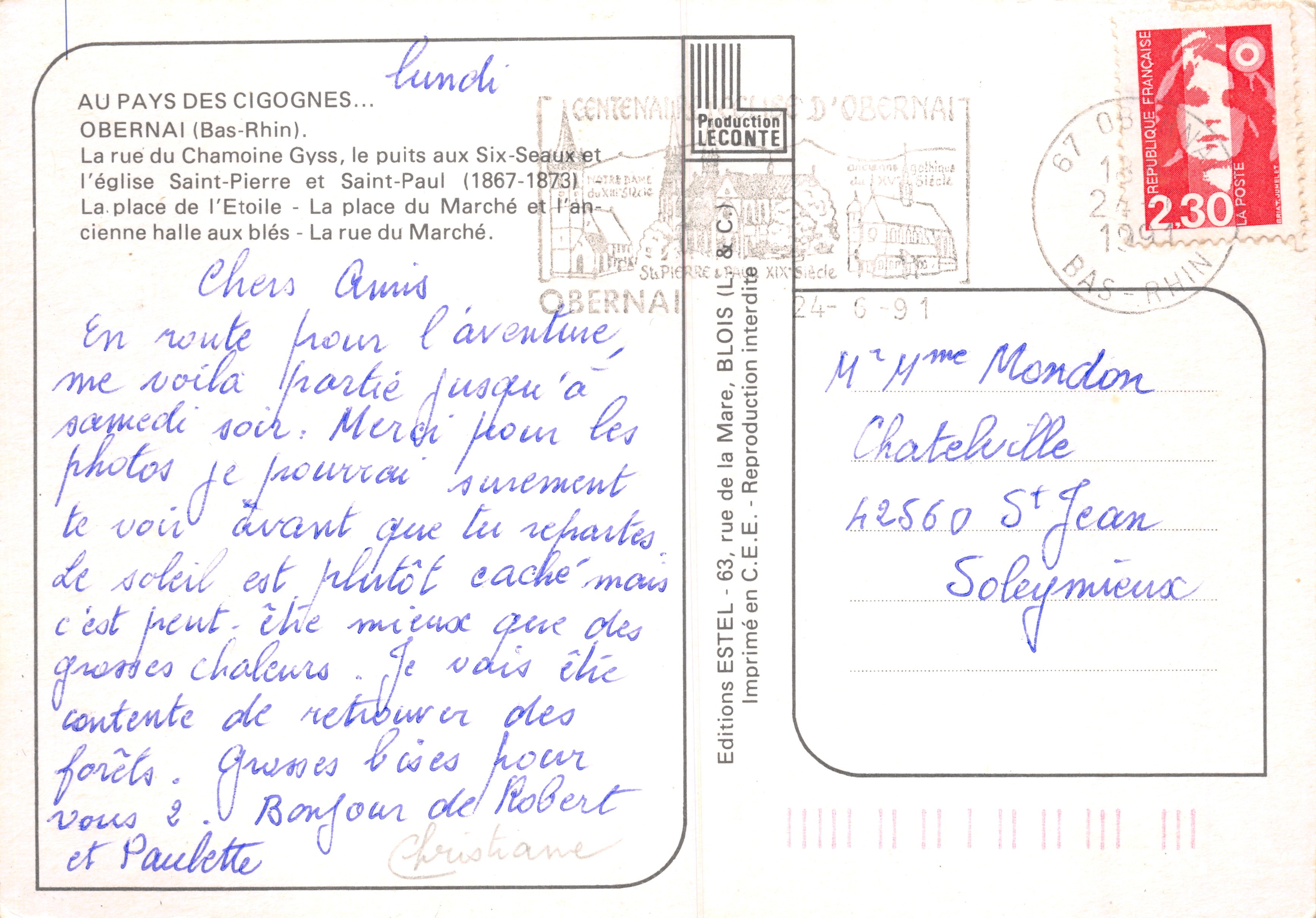 Obernai — Ville de Ste Odile — Éditeur ESTEL — Verso