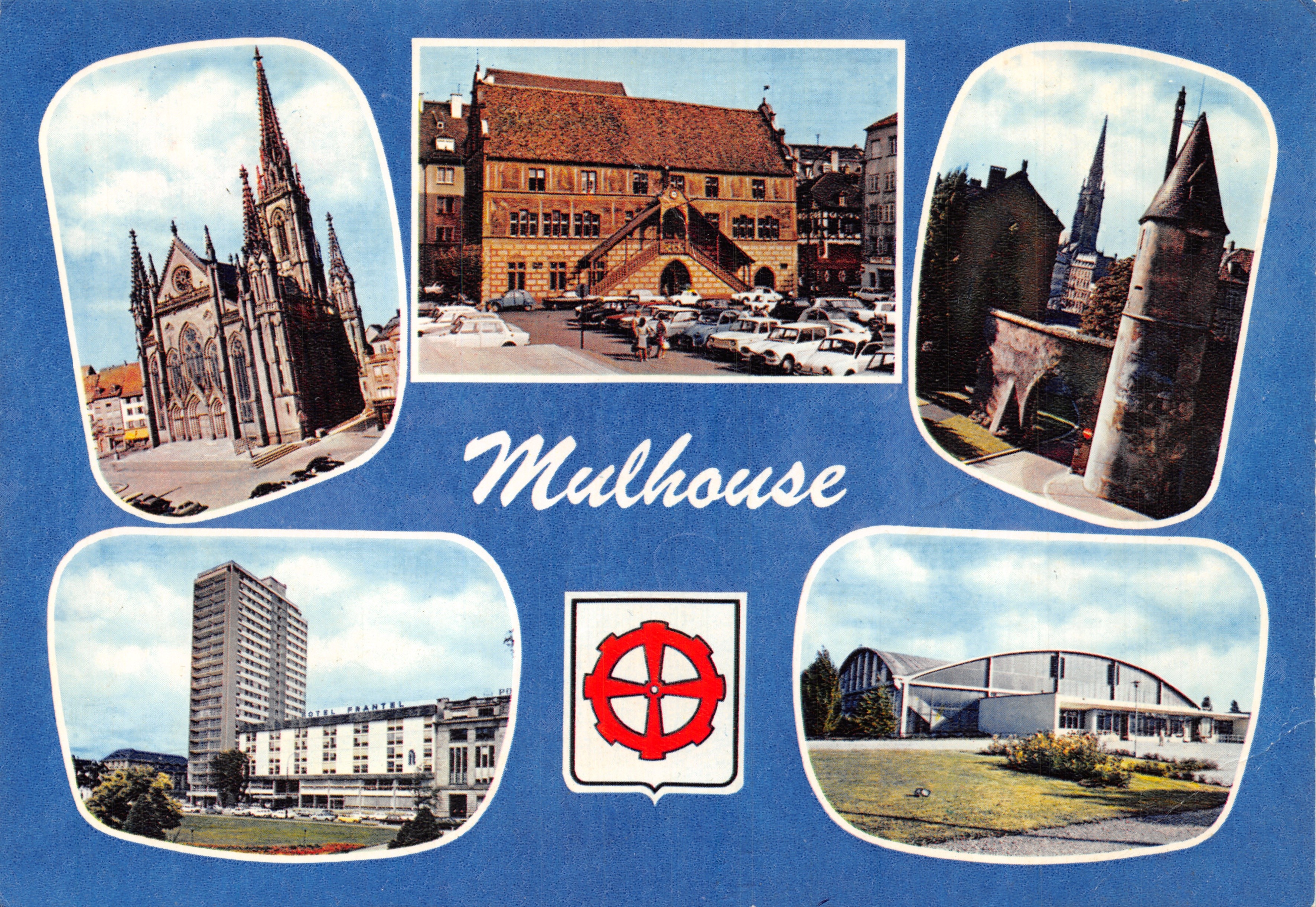 Mulhouse — vue panoramique avec cathédrale, hôtel de ville, tours, hôtel restaurant et palais des sports — Éditions Hachette