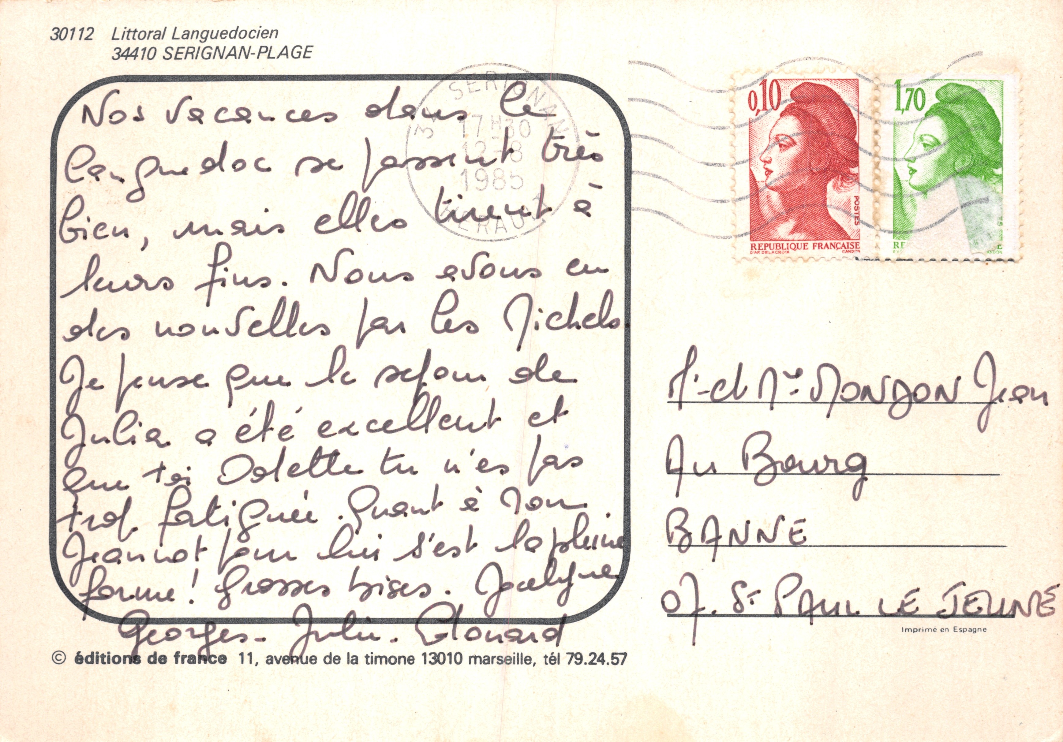 Serignan - Plage — vista de la ciudad, del recorrido de trineo y de la playa — editor Éditions de France — Reverso