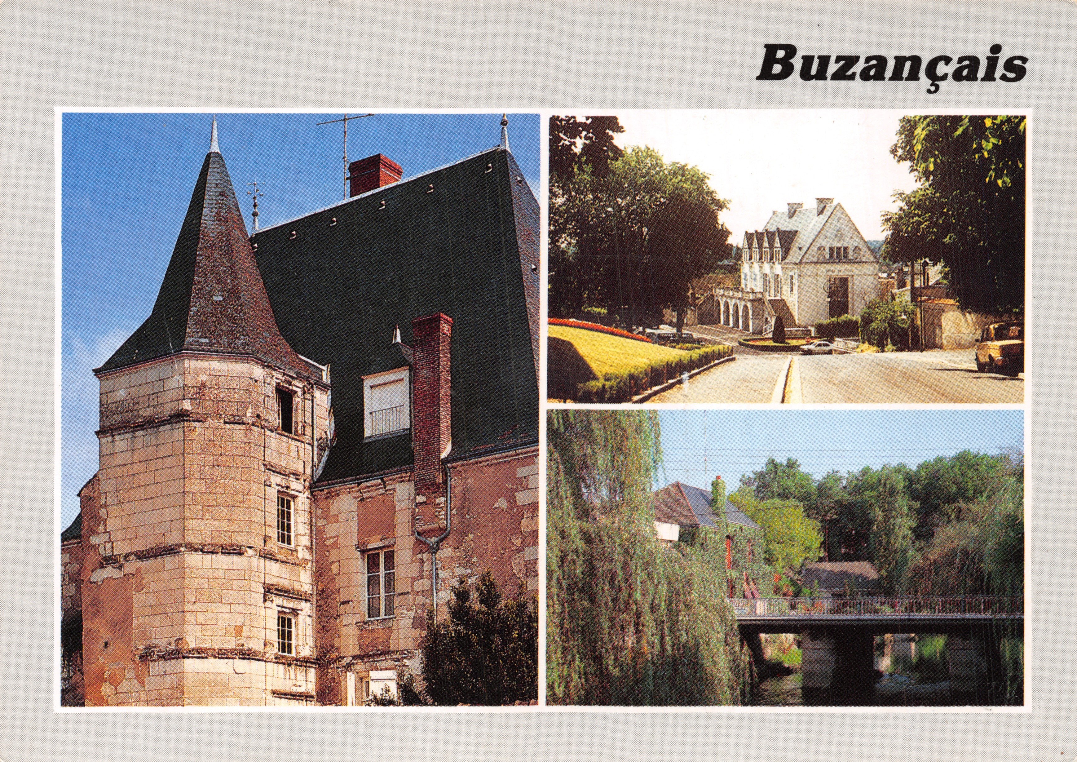 Buzançais — Ansicht des Schlosses, des Rathauses und einer Brücke über den Fluss — Éditions et Impressions Combier / Mâcon