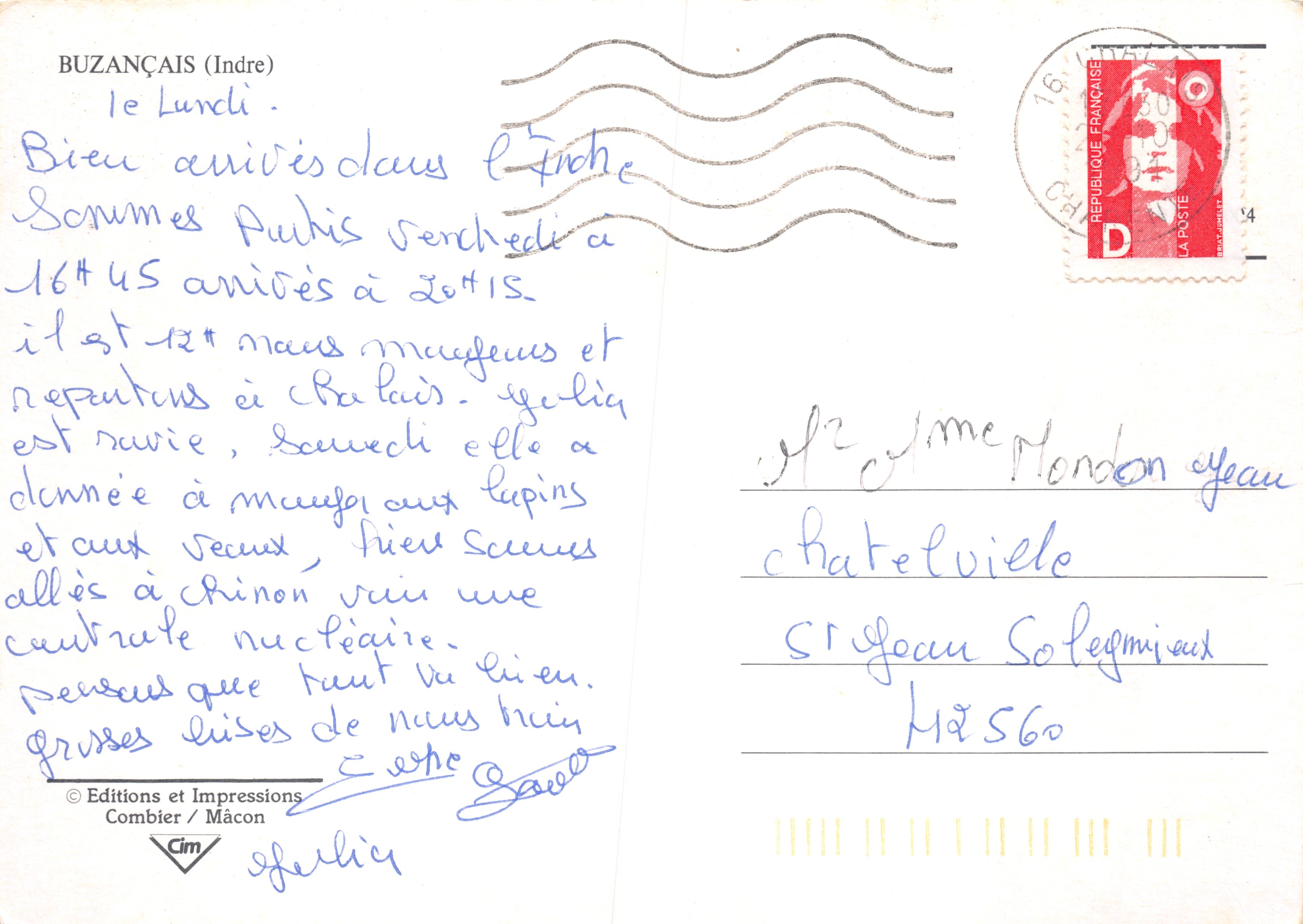 Buzançais — Ansicht des Schlosses, des Rathauses und einer Brücke über den Fluss — Éditions et Impressions Combier / Mâcon — Rückseite