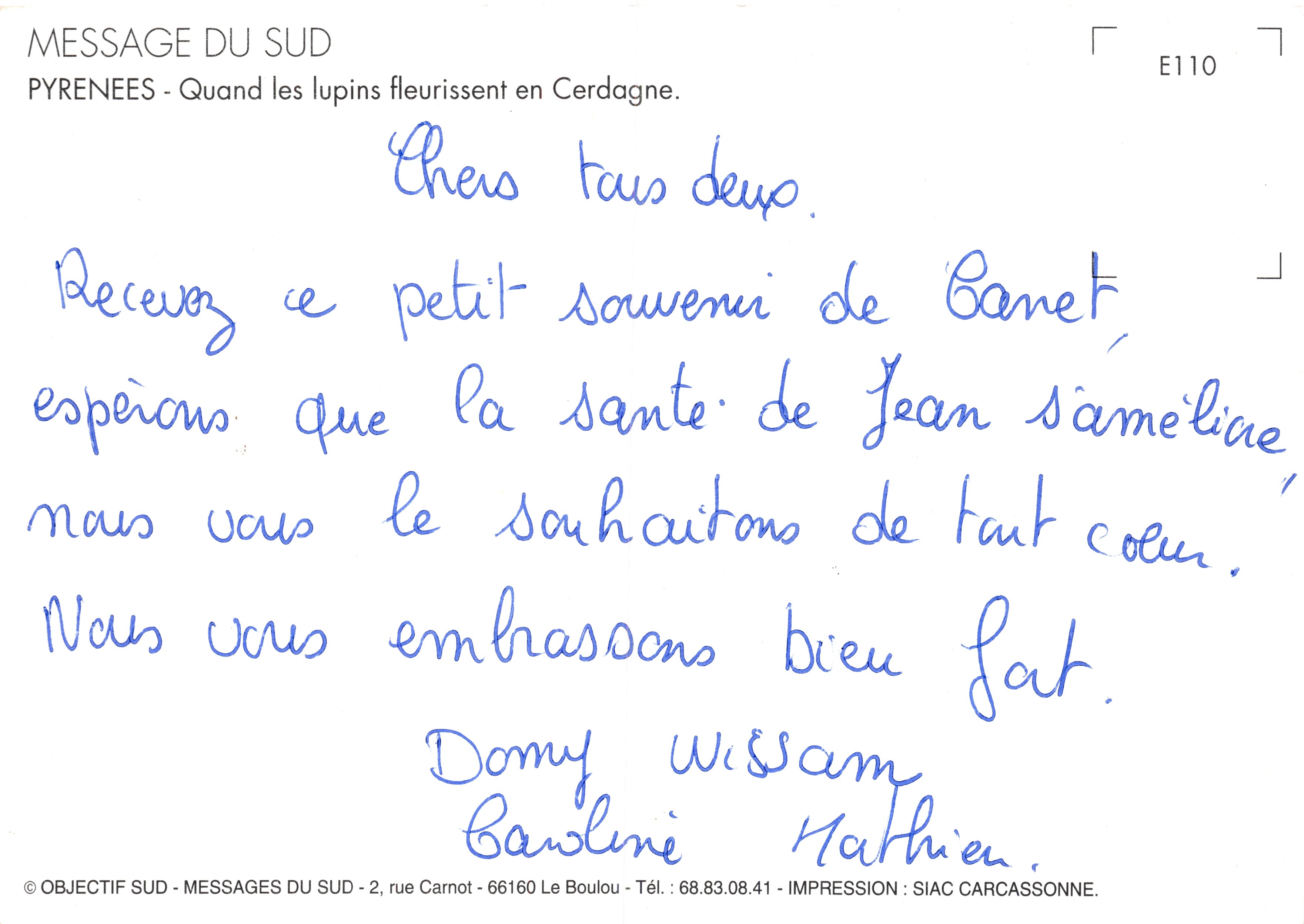 Lupini in fiore — davanti a una casa in legno a Le Pailou — editore MESSAGE DU SUD, n. E110 — Verso
