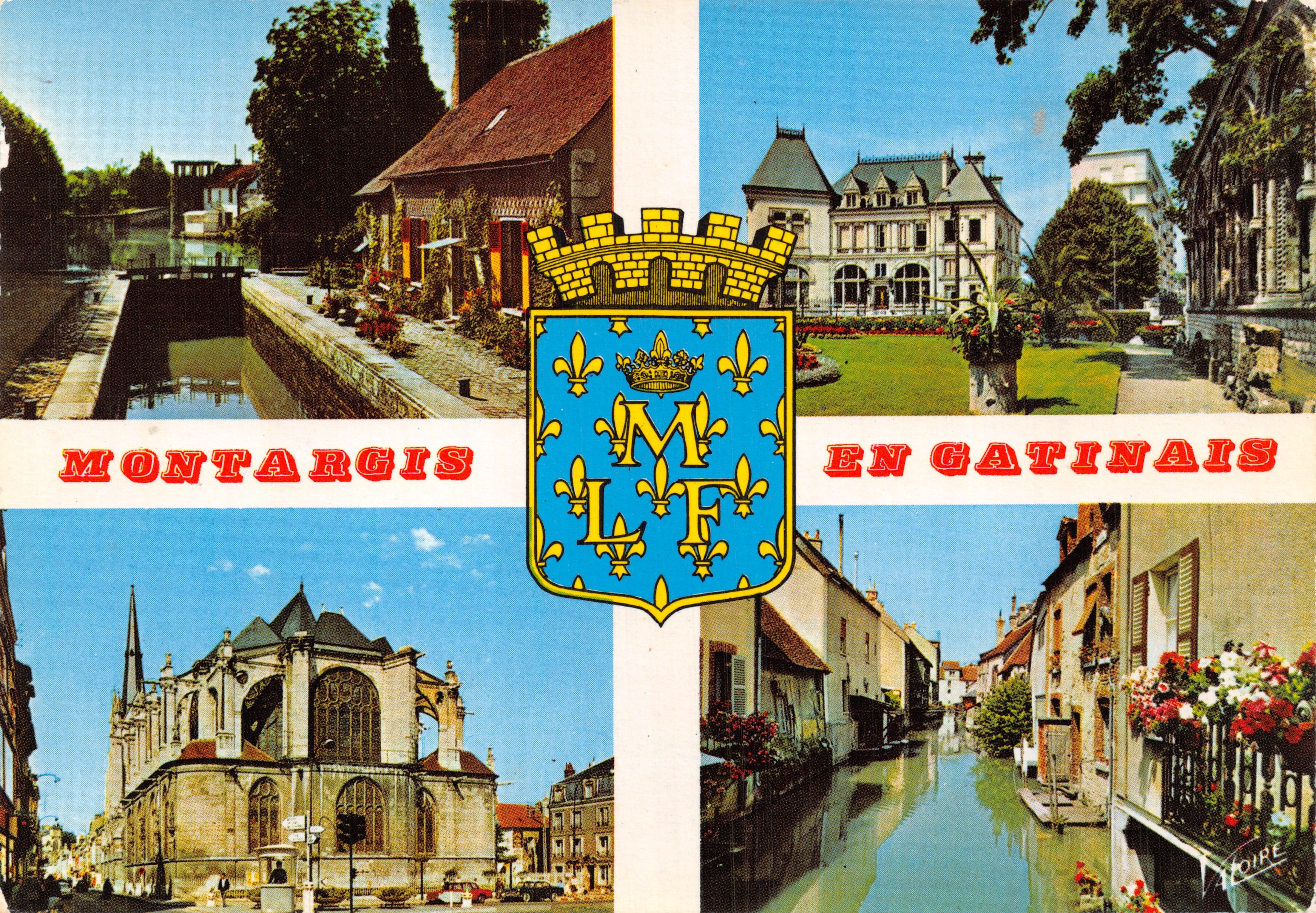 Montargis en Gatinais — vista panoramica con canale, chiesa, municipio e giardino — Éditions Valoire, n. 5.728