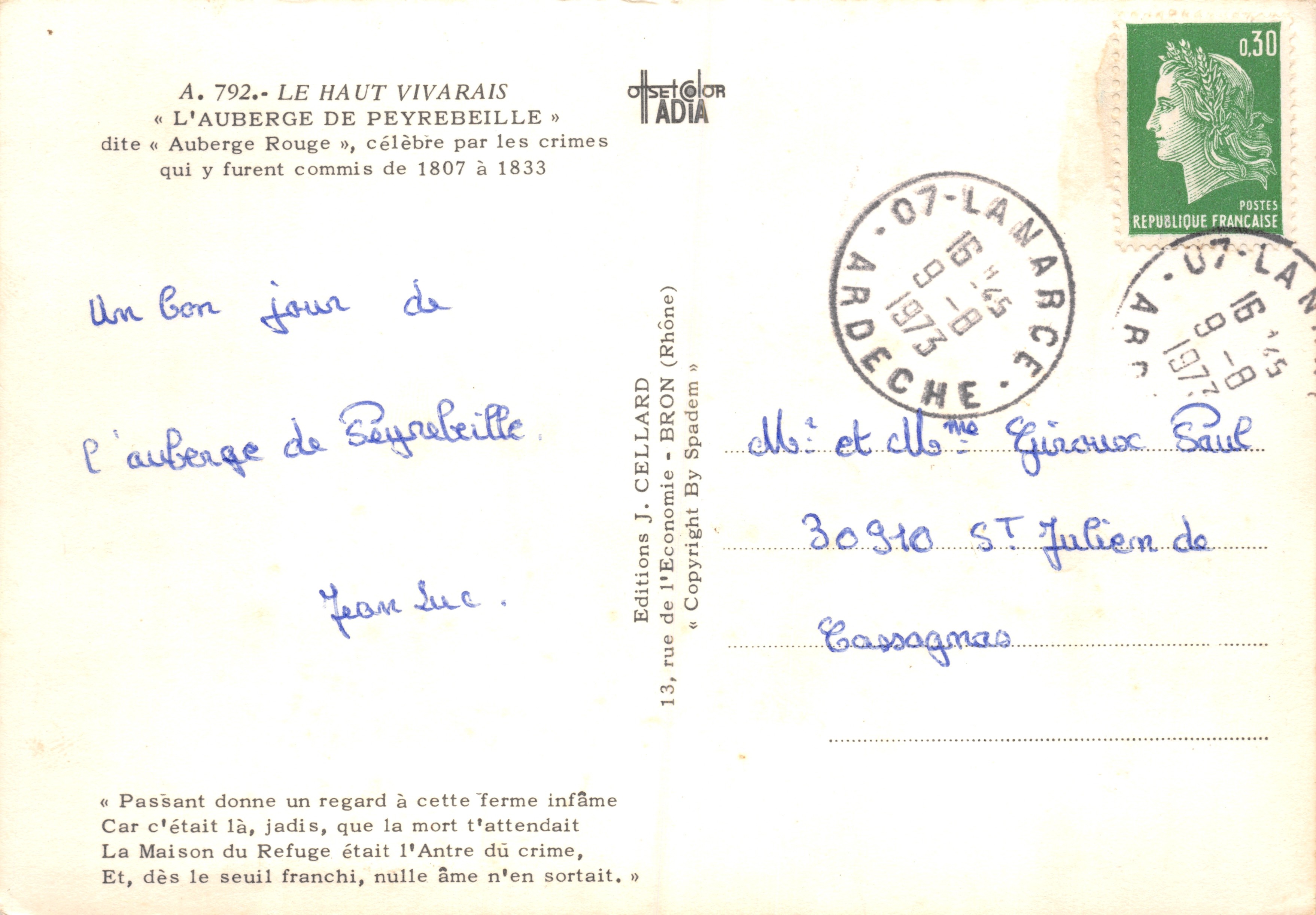 Posada de Peyrebeille — edificio de piedra con inscripción « ICI LAUTHENTIQUE AUBERGE DE PEYREBEILLE » — Éditions J. CELLARD — Reverso