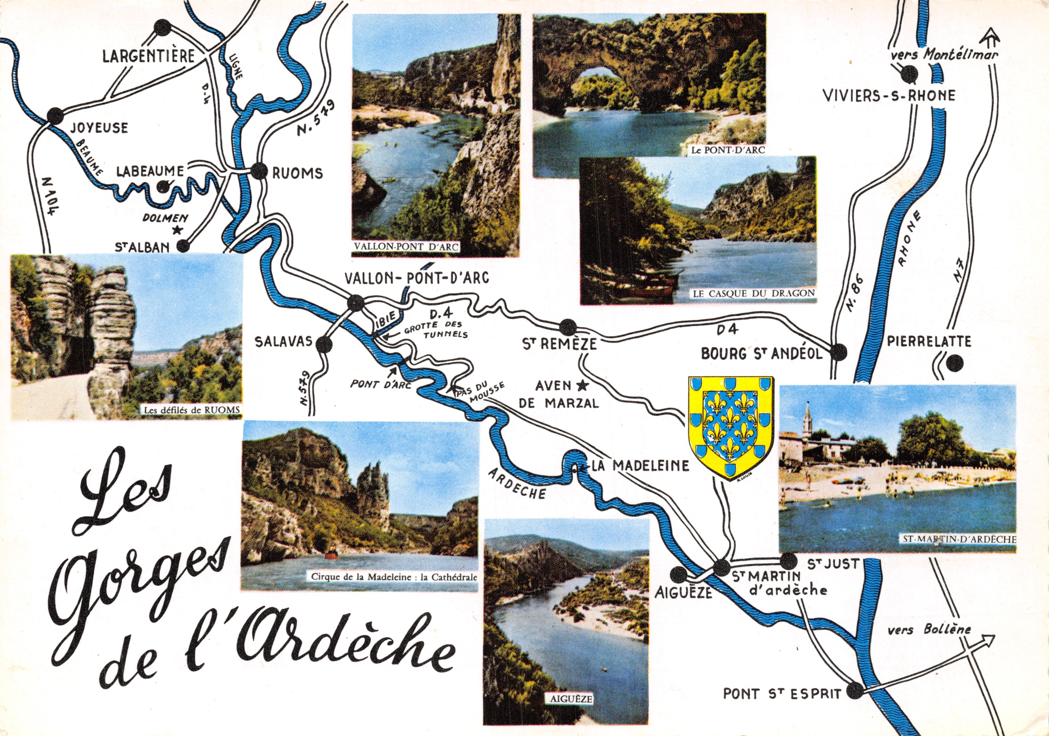 Les Gorges de l'Ardèche — Carte touristique avec itinéraire et photos des sites (éditeur : COMBIBIER IMP. MACON)