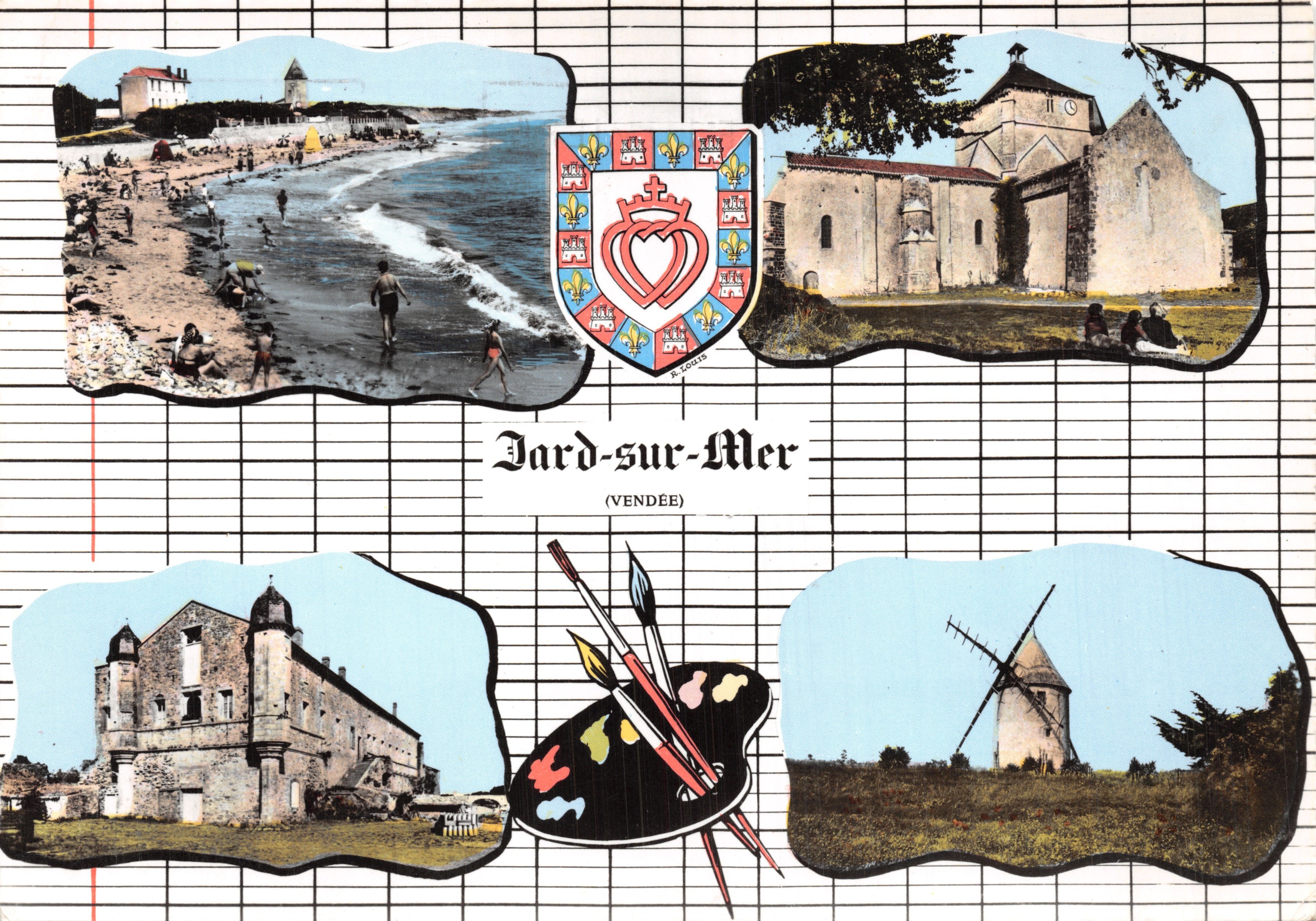 Jard-sur-Mer — vista panoramica con stemma, spiaggia, chiesa, castello e mulino — editore COMBIER IMP. (S.-et-L.)